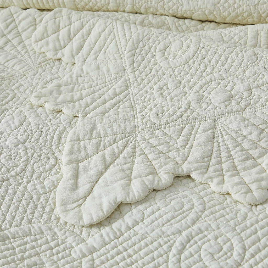Brandream King Size Quilt Set Cotton Scalloped Quilt Cream Yellow 3 Piece | Real Stitching