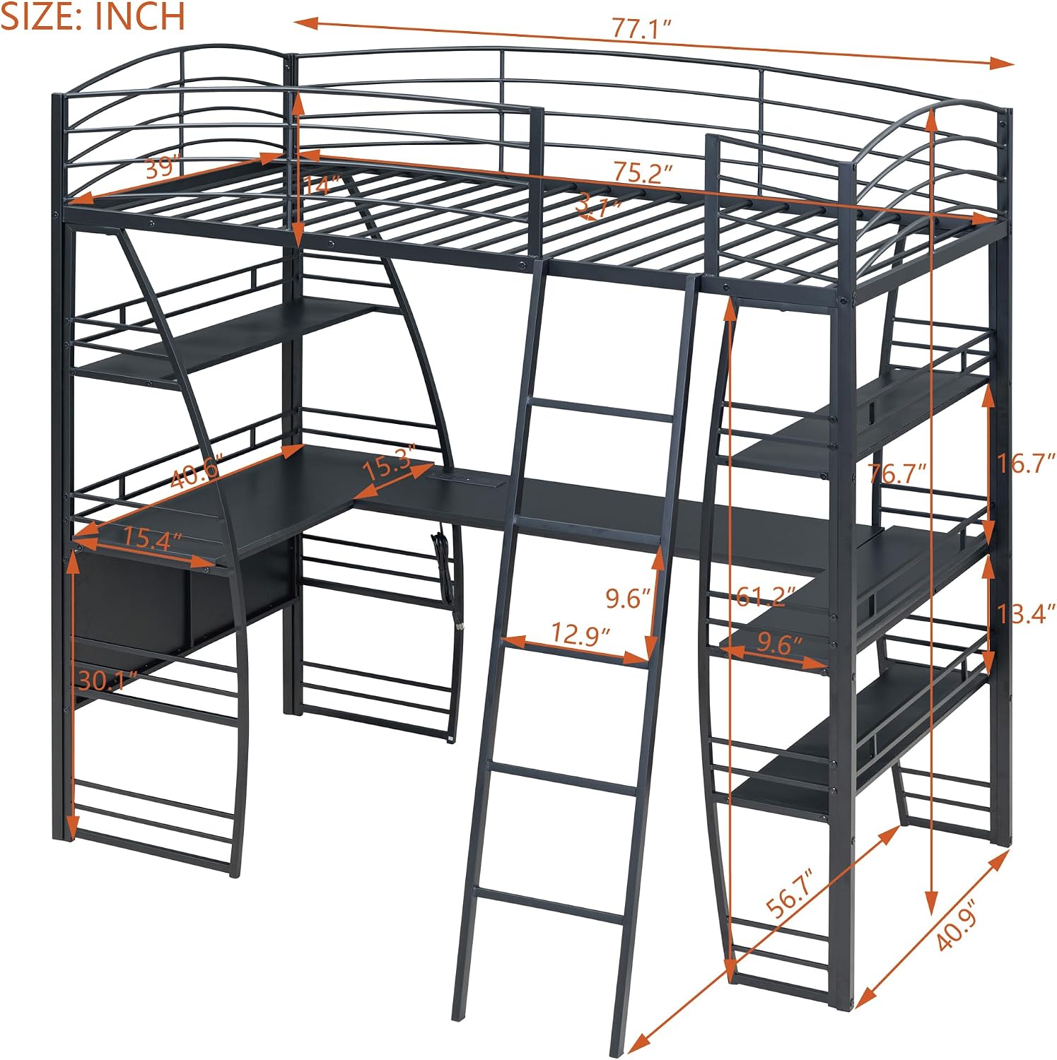 Metal Twin Size Loft Bed with 4 Layers of Shelves and L-Shaped Desk,a Set of Sockets, USB Ports and Wireless Charging,for Kids Teens Adults Bedroom (Twin, Black@Charging)