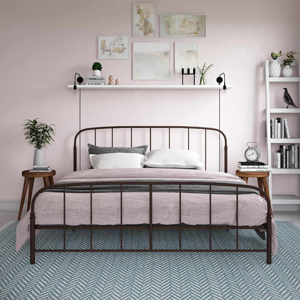 DHP Lafayette Metal Platform Bed with Rustic Style Curved Headboard and Footboard, Adustable Base Height for Underbed Storage, No Box Spring Needed, King, Bronze