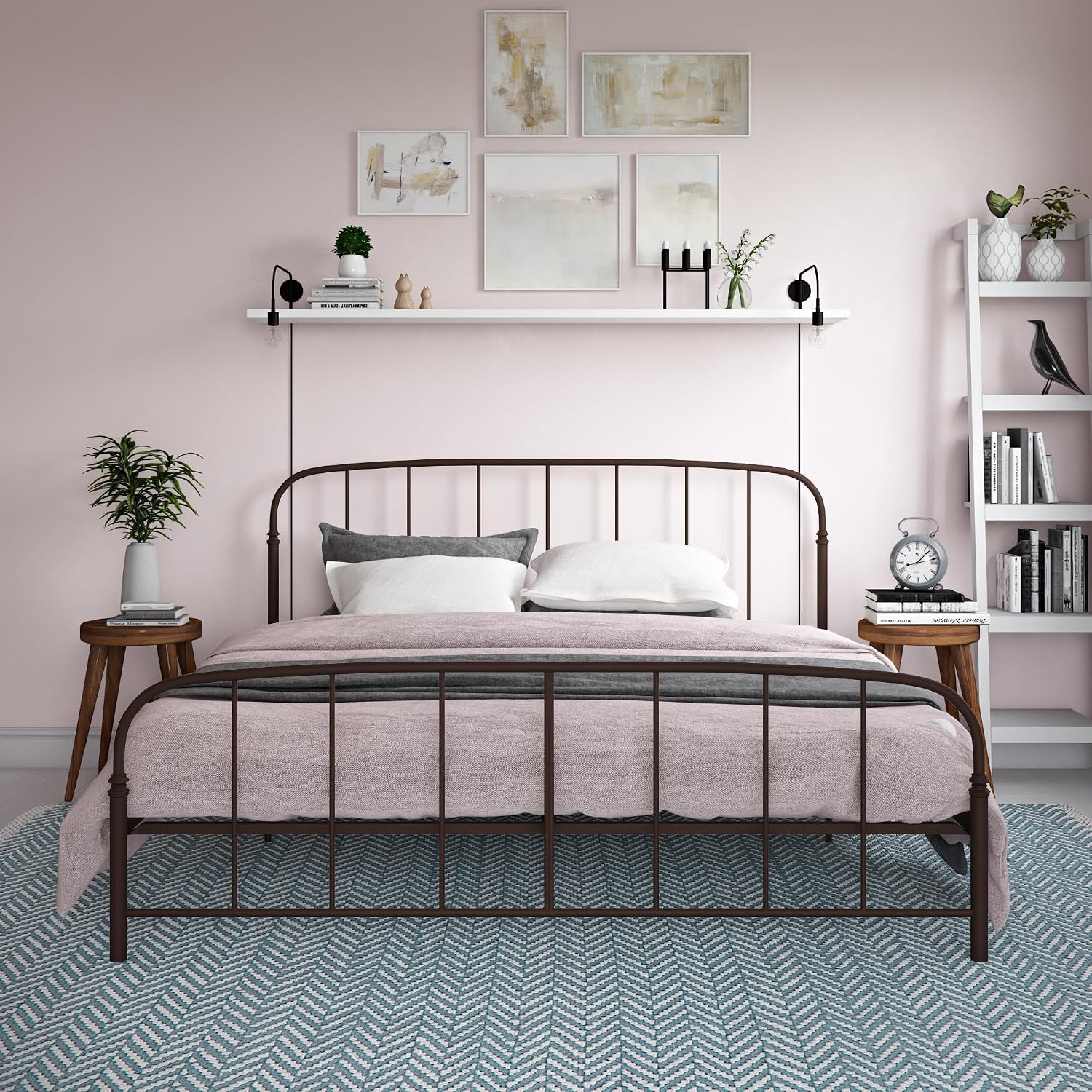 DHP Lafayette Metal Platform Bed with Rustic Style Curved Headboard and Footboard, Adustable Base Height for Underbed Storage, No Box Spring Needed, King, Bronze