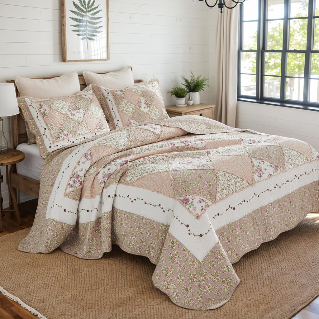 Brandream Queen Size Quilt Set Cotton Patchwork Quilts Blush Pink Cottage Floral Quilted Comforter Set 3-Piece