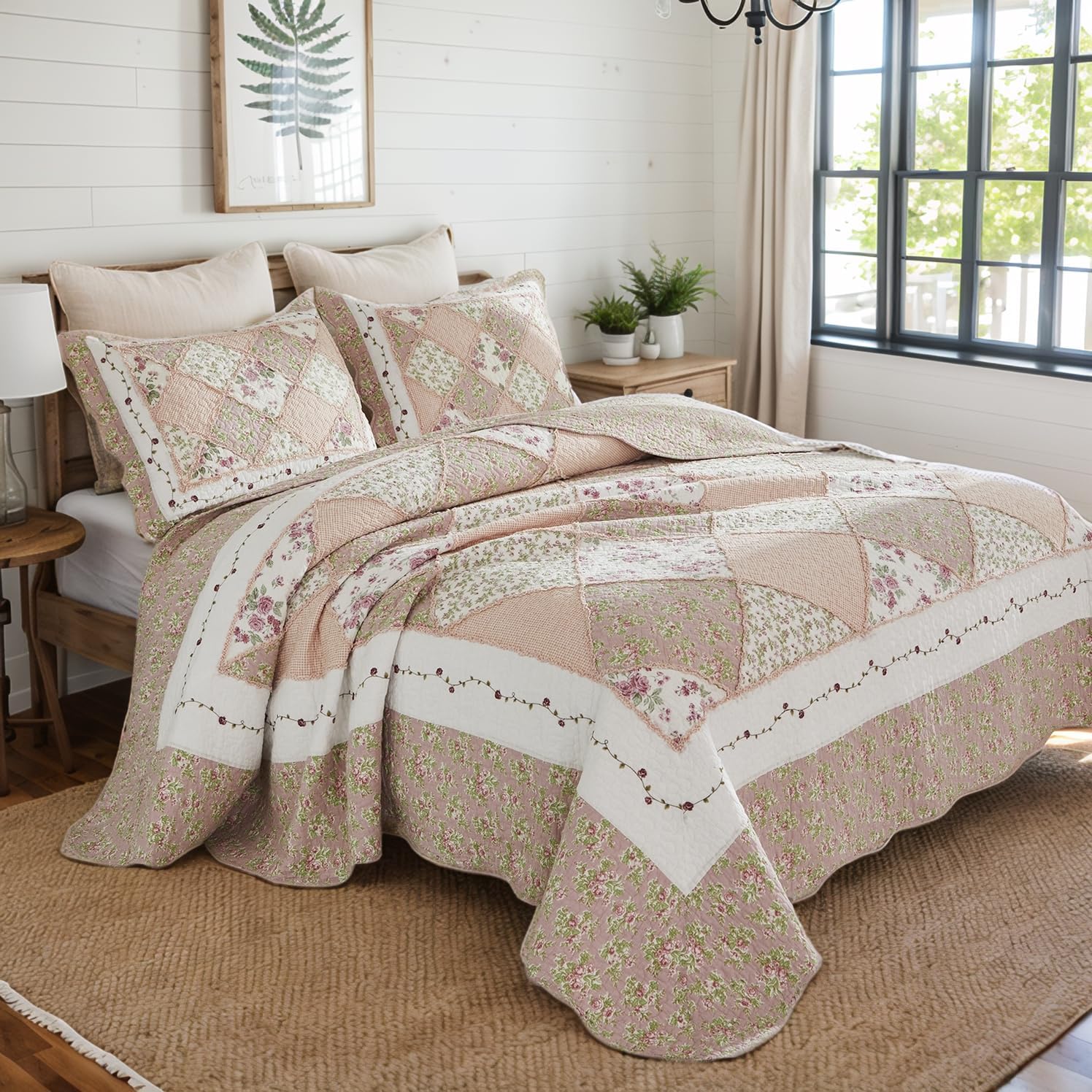 Brandream Queen Size Quilt Set Cotton Patchwork Quilts Blush Pink Cottage Floral Quilted Comforter Set 3-Piece