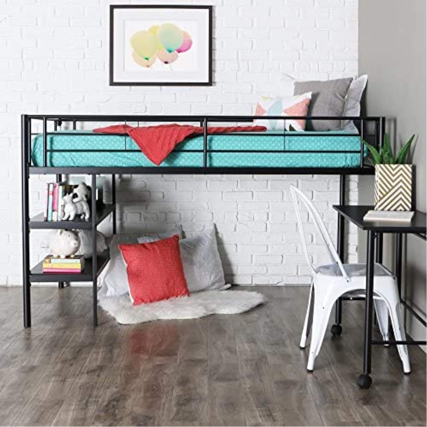 Walker Edison Metal Twin Low Loft Bunk Bed with Desk Bunk Bed Kids Bed Bedroom Storage Guard Rail Ladder, Twin, Black