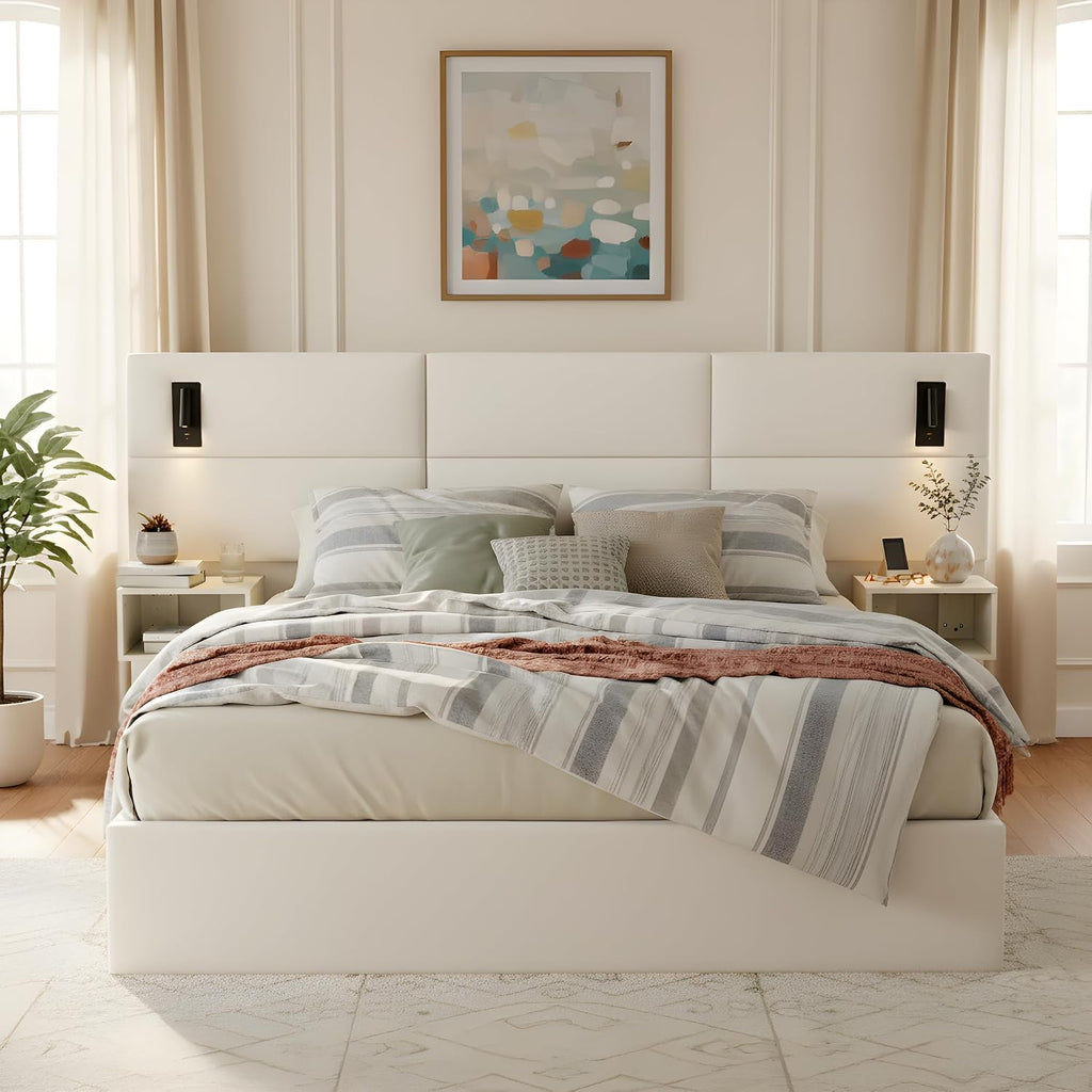 Merax Queen Size Chenille Upholstered Bed Frame with Wide headboard and Small Reading Lamp and Side Nightstand for Adults, Heavy Duty Steel Center Beam for Support, No Box Spring Needed, White