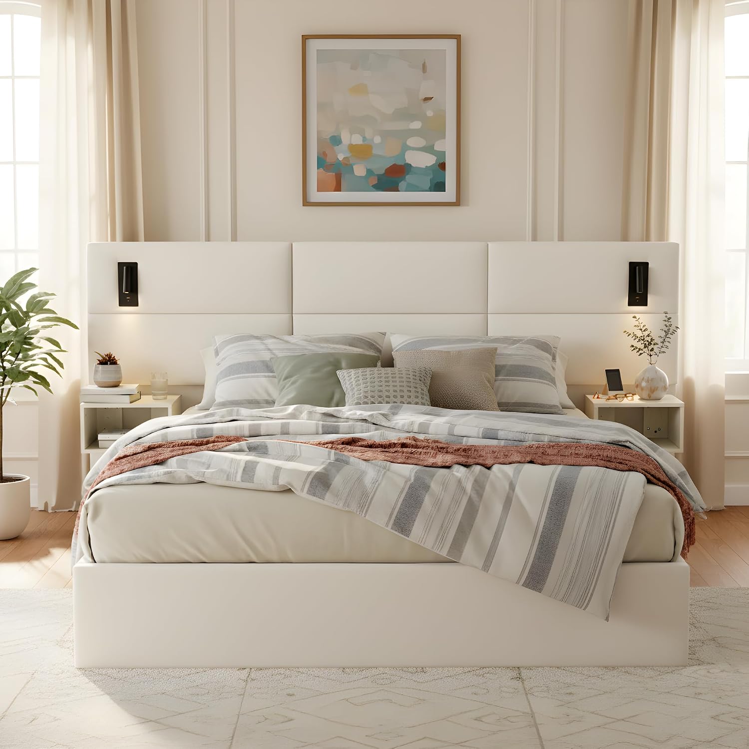 Merax Queen Size Chenille Upholstered Bed Frame with Wide headboard and Small Reading Lamp and Side Nightstand for Adults, Heavy Duty Steel Center Beam for Support, No Box Spring Needed, White