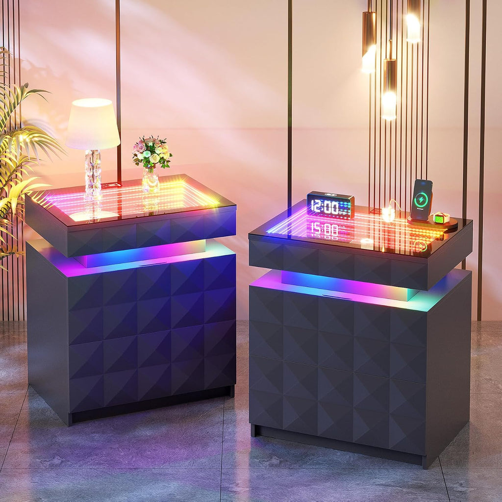 Night Stand Set 2 with Charger Station & RGB Lights, 3 Drawers Bedside Table with Sliding Top, Modern Night Stands with Human Body Sensor for Bedroom, Grey