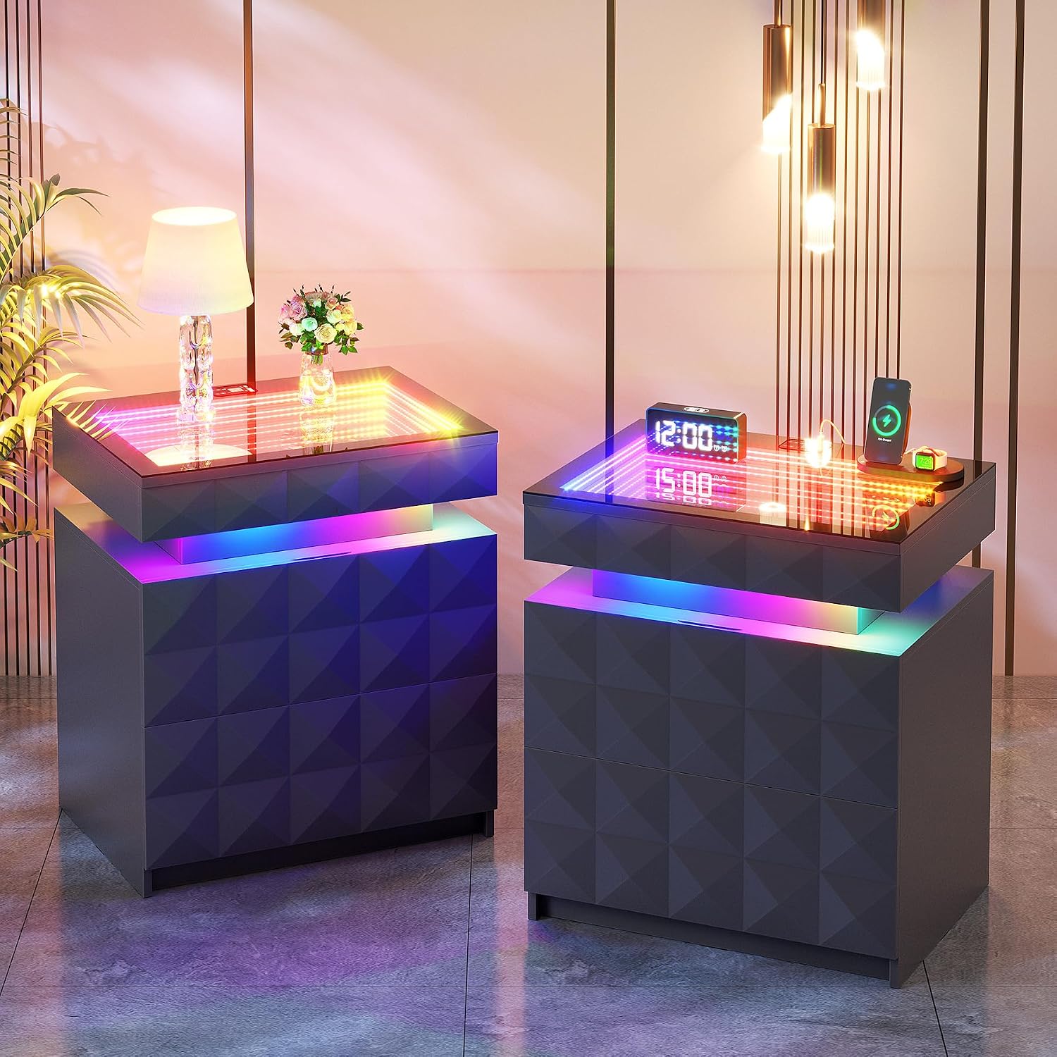 Night Stand Set 2 with Charger Station & RGB Lights, 3 Drawers Bedside Table with Sliding Top, Modern Night Stands with Human Body Sensor for Bedroom, Grey