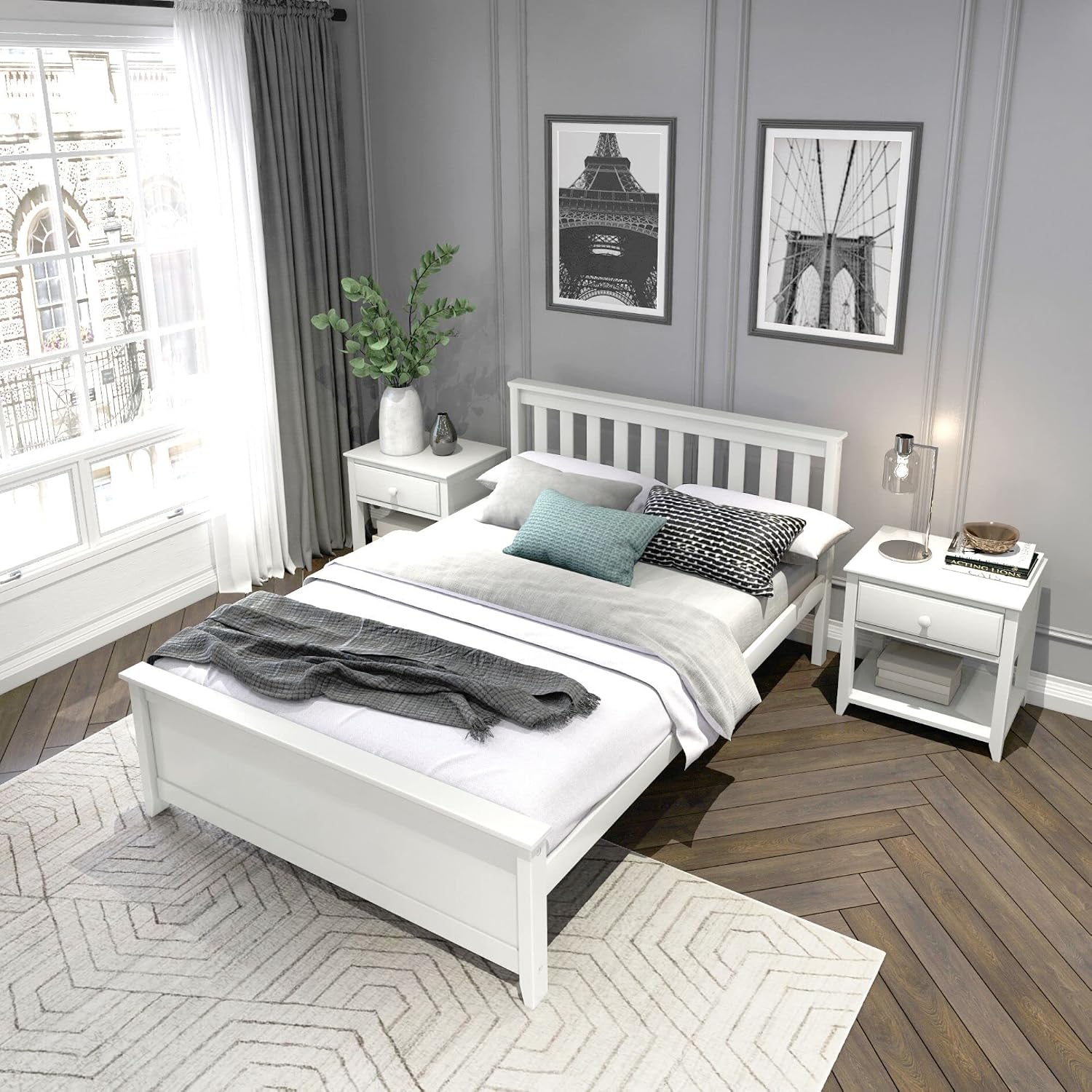 Plank+Beam Solid Wood Full Bed Frame, Platform Bed with Headboard, White