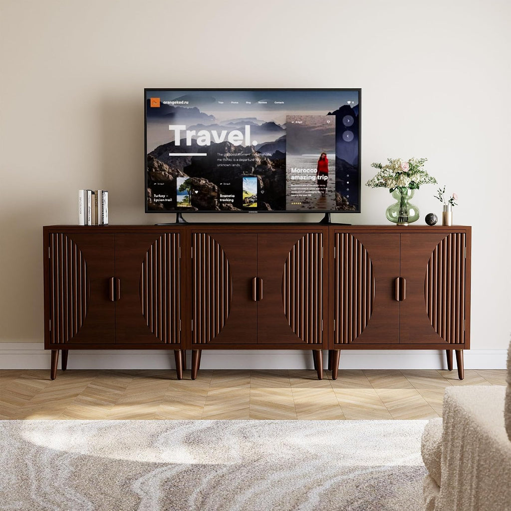 COSIEST Set of 3 30' Storage Sideboards with Doors, Accent Cabinets with Magnetic Push-to-Open Doors, Brown Line Pattern, Entryway Console for Living Room, Kitchen, Hallway