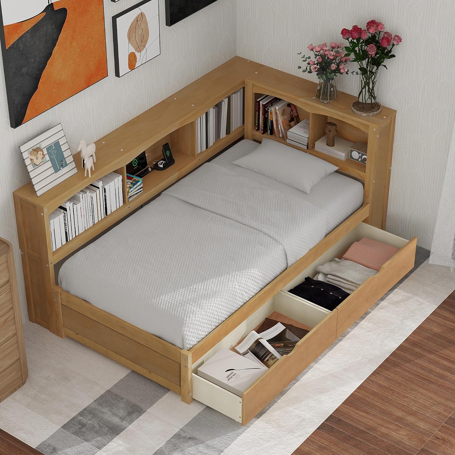 Modern Twin Size Daybed with 2 Storage Drawers, Multifunctional Solid Wood Sofa Bed Frame with Storage Cabinets, USB Portsand and Built-In Charging Station for Living Room,Guest Room (Wood-186J)