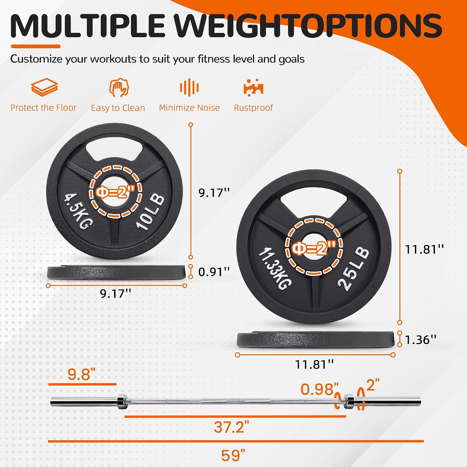 Signature Fitness 2-Inch Cast Iron Barbell Set, Including Multiple LBS Weight Plates and 6FT Barbell Set, Multiple