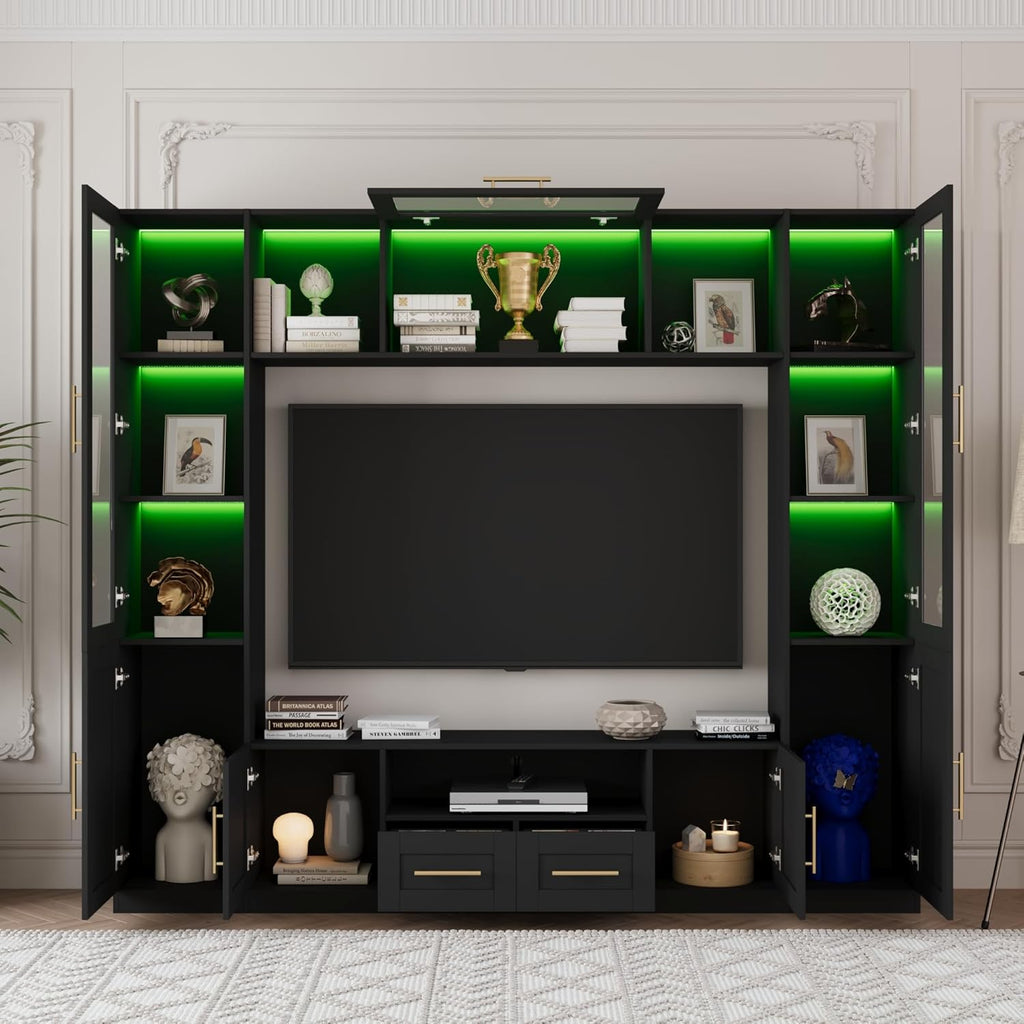 Bobve 94' Wall Unit Entertainment Center for TVs up to 70',Modern TV Console with APP LED Lights,Multifunctional TV Stand with Tempered Glass Door,Drawers & Shelves for Living Room,Black