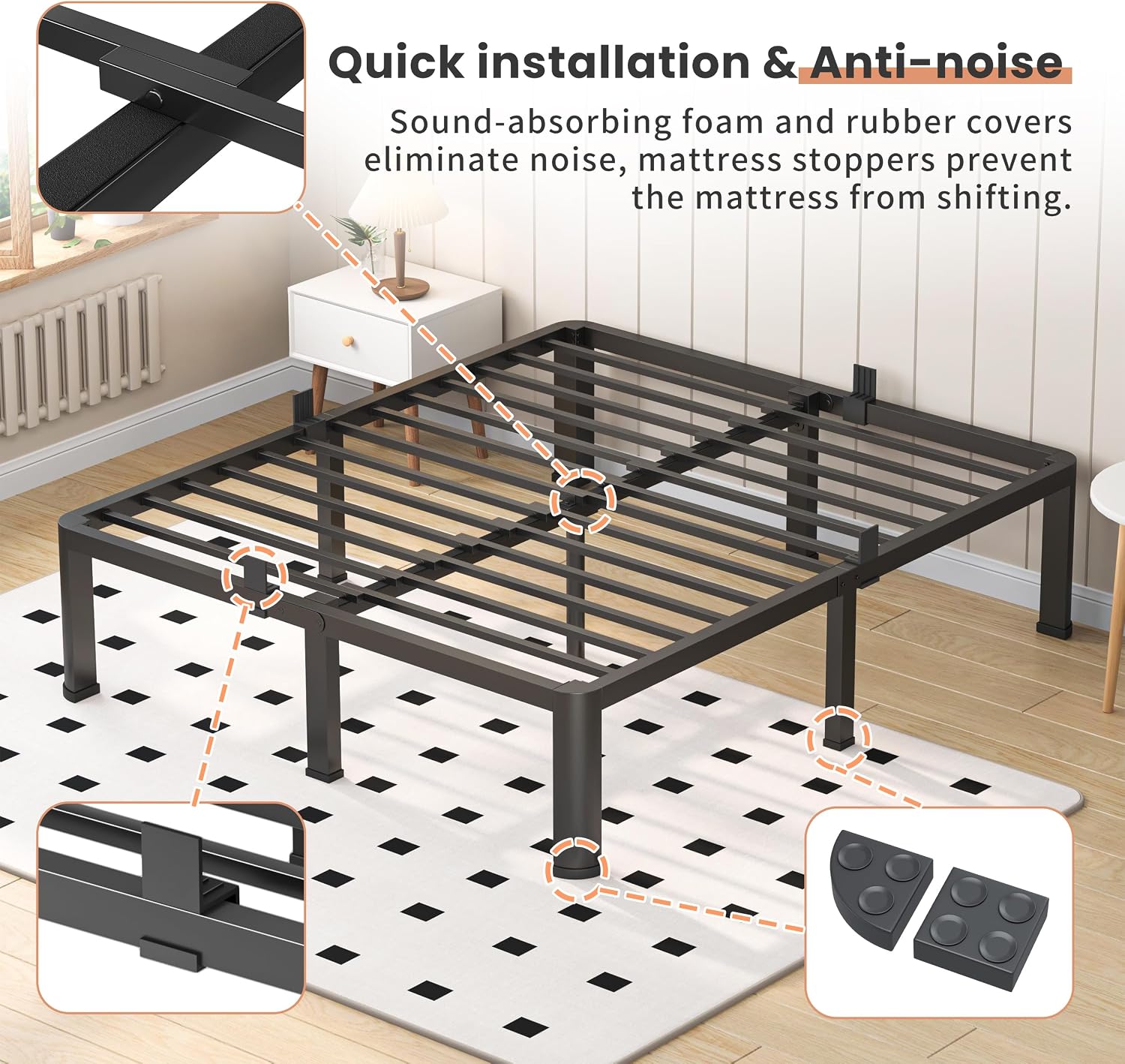 VIPSHOW 20 Inch Queen Heavy Duty 3500 lbs Bed Frame with Round-Corner Legs & Anti-Squeak Design – Quick Assembly Metal Platform, No Box Spring Needed