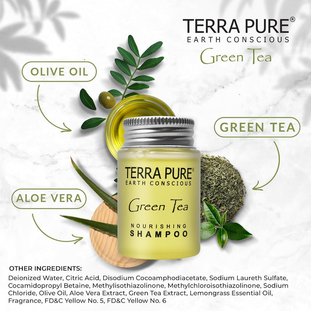 Terra Pure Travel Size Hotel Shampoo 300 Count 1 oz Bottles Guest Amenities for Hotels Vacation Rentals and Short Term Rentals Paraben Free Green Tea Scent Infused with Aloe and Olive Oil