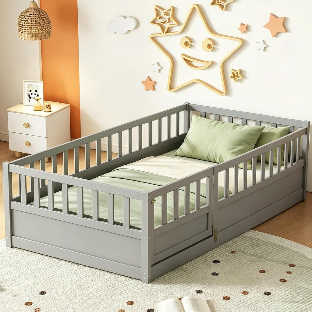 Twin Size Floor Bed with High Fence, Door and Slats, Twin Floor Bed with Slats(Gray Twin)