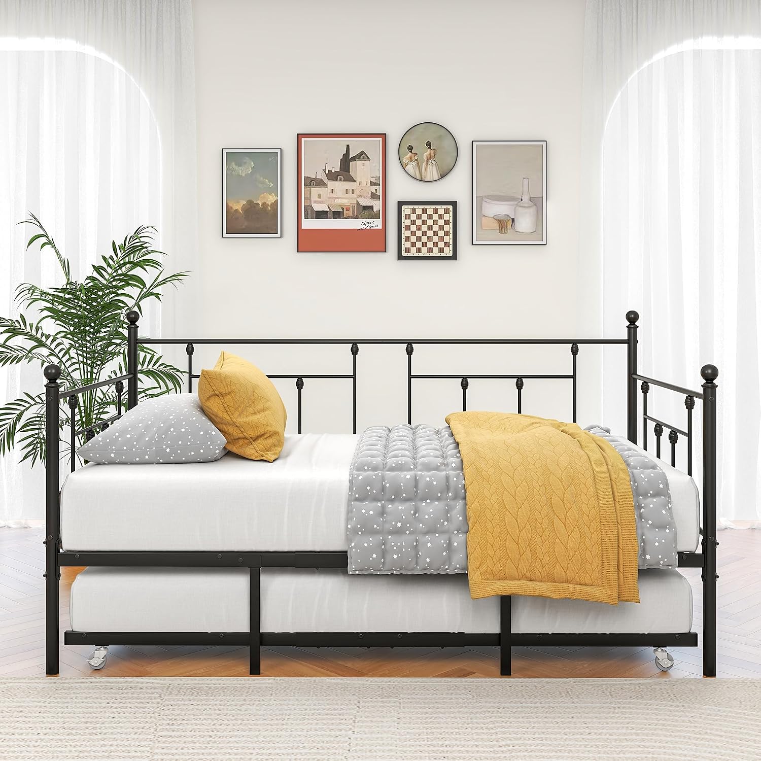 Twin Size Daybed Metal Frame with Trundle Set, Twin Day Bed Sofa, Daybed and Roll Sofa Bed for Guest Room, Bedroom, Living Room, Style, Black