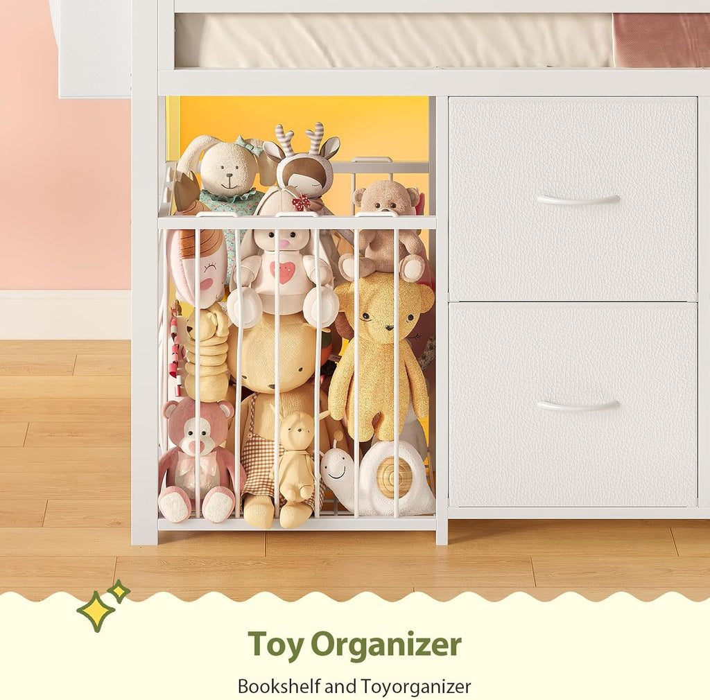 UPOSOJA Twin Size Low Loft Bed with RGB Lights & Play Zone, 8 XL Drawers, Kids Play Loft with 2-Step Ladder & Anti-Tip Kit (White)