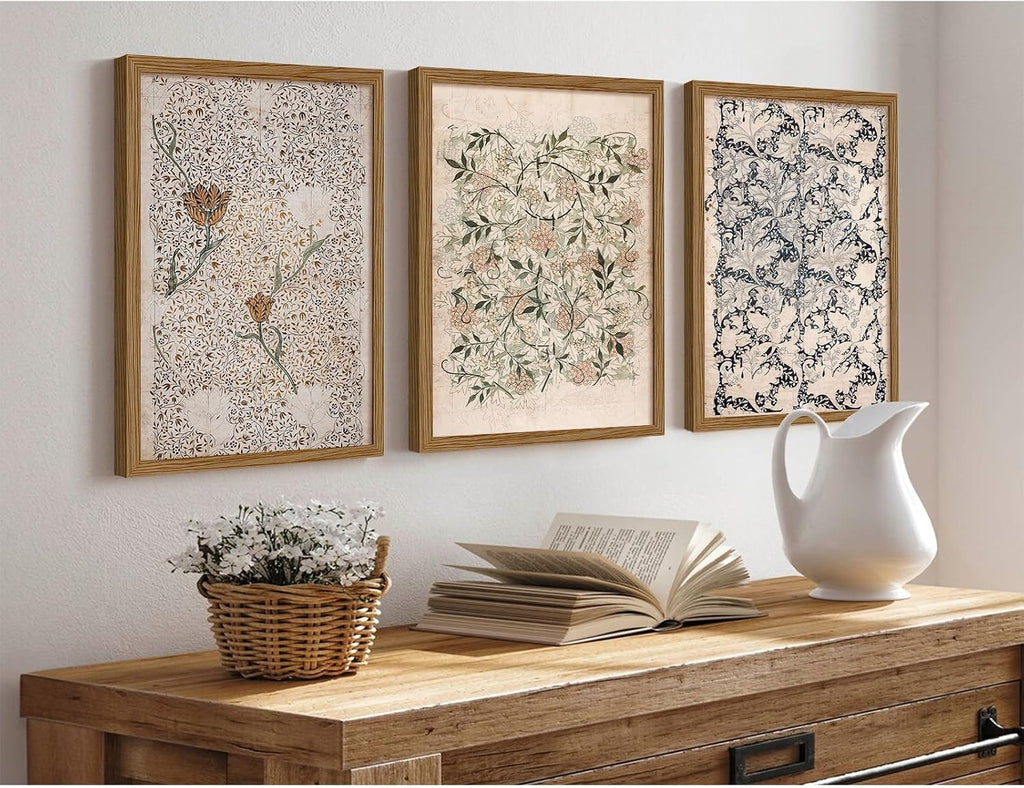 Vintage William Morris Wall Art Framed Decor Boho Floral Botanical Canvas Pictures Abstract Neutral Flower Prints Vintage Farmhouse Artwork Painting for Living Room Bedroom 24x36 Inch Set of 3