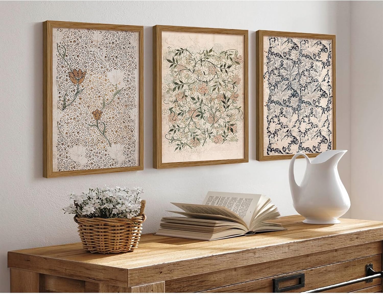 Vintage William Morris Wall Art Framed Decor Boho Floral Botanical Canvas Pictures Abstract Neutral Flower Prints Vintage Farmhouse Artwork Painting for Living Room Bedroom 24x36 Inch Set of 3