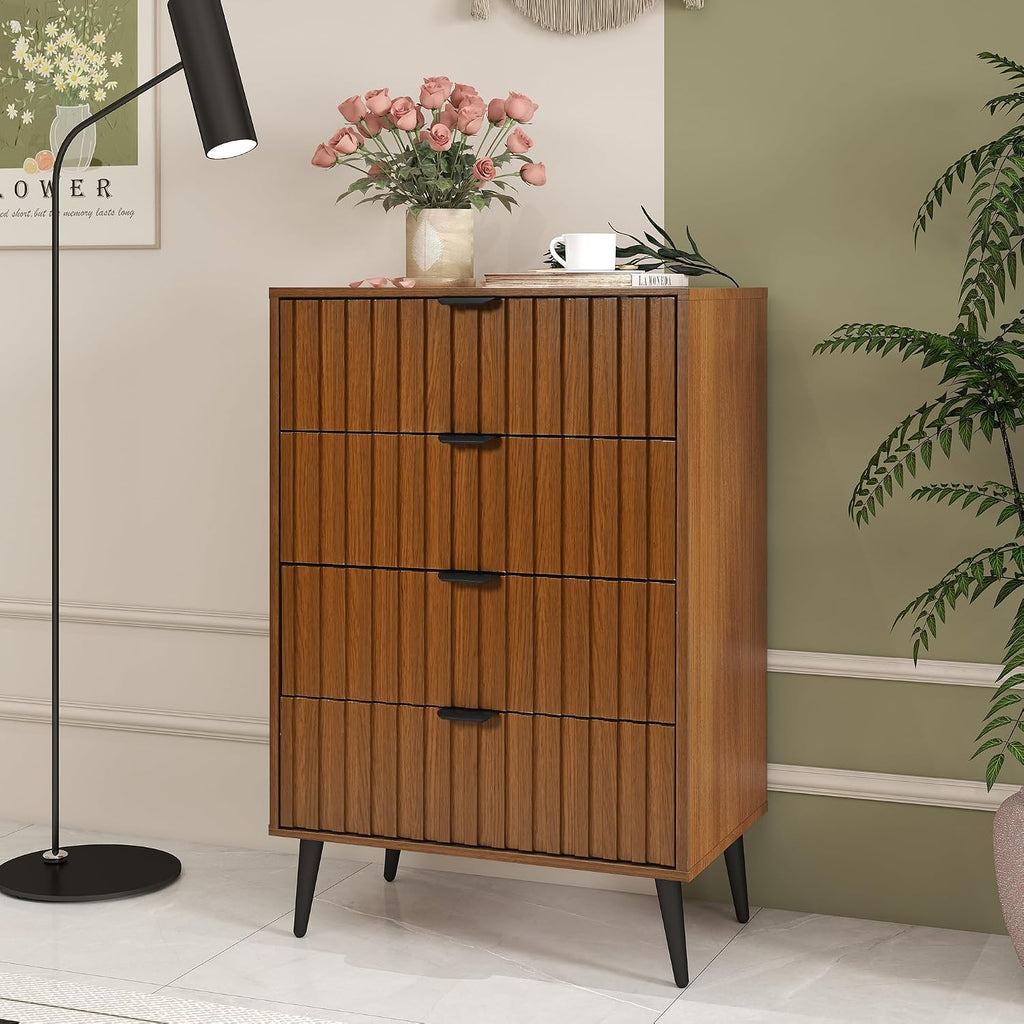 Fluted Dresser for Bedroom, 24'' Wide Modern Chest of Drawers, 4 Drawer Dresser Nightstand, Natural Wood Drawer Organizer for Bedroom, Living Room, Hallway, Walnut