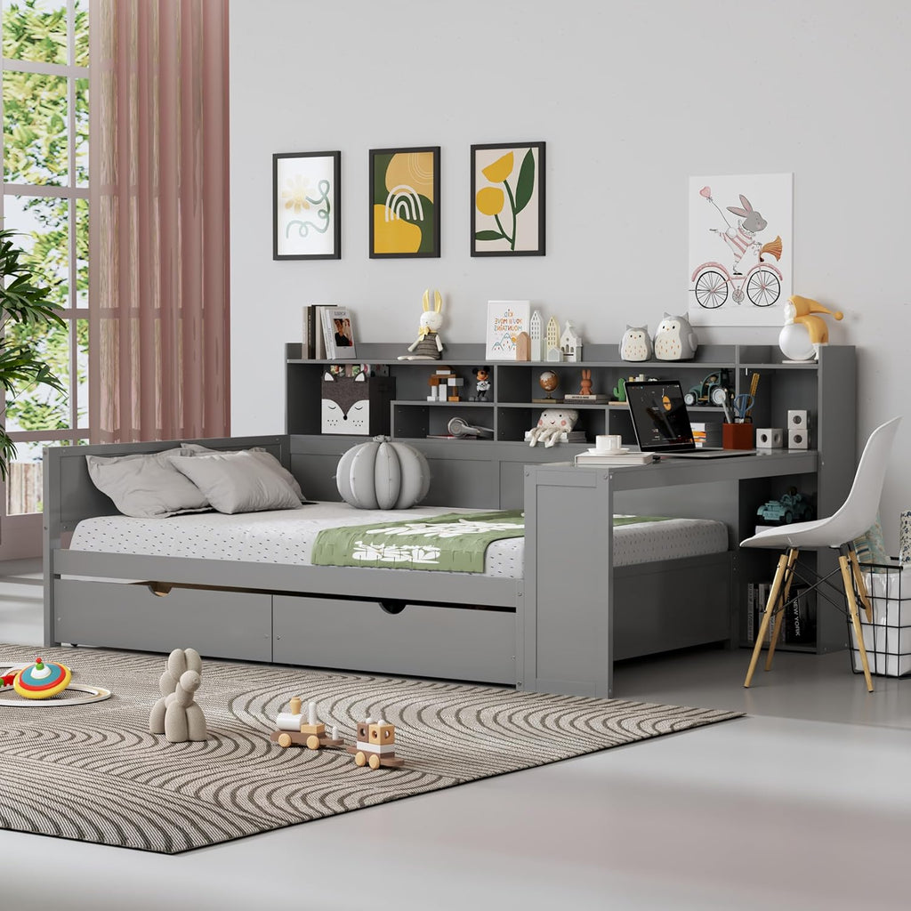 Mirightone Corner Full Bed Frame with Bookcase Storage and Desk, Wood Day Beds with 2 Drawers, Full Size Daybed with Storage for Living Room,Bedroom & Guest Room, Gray