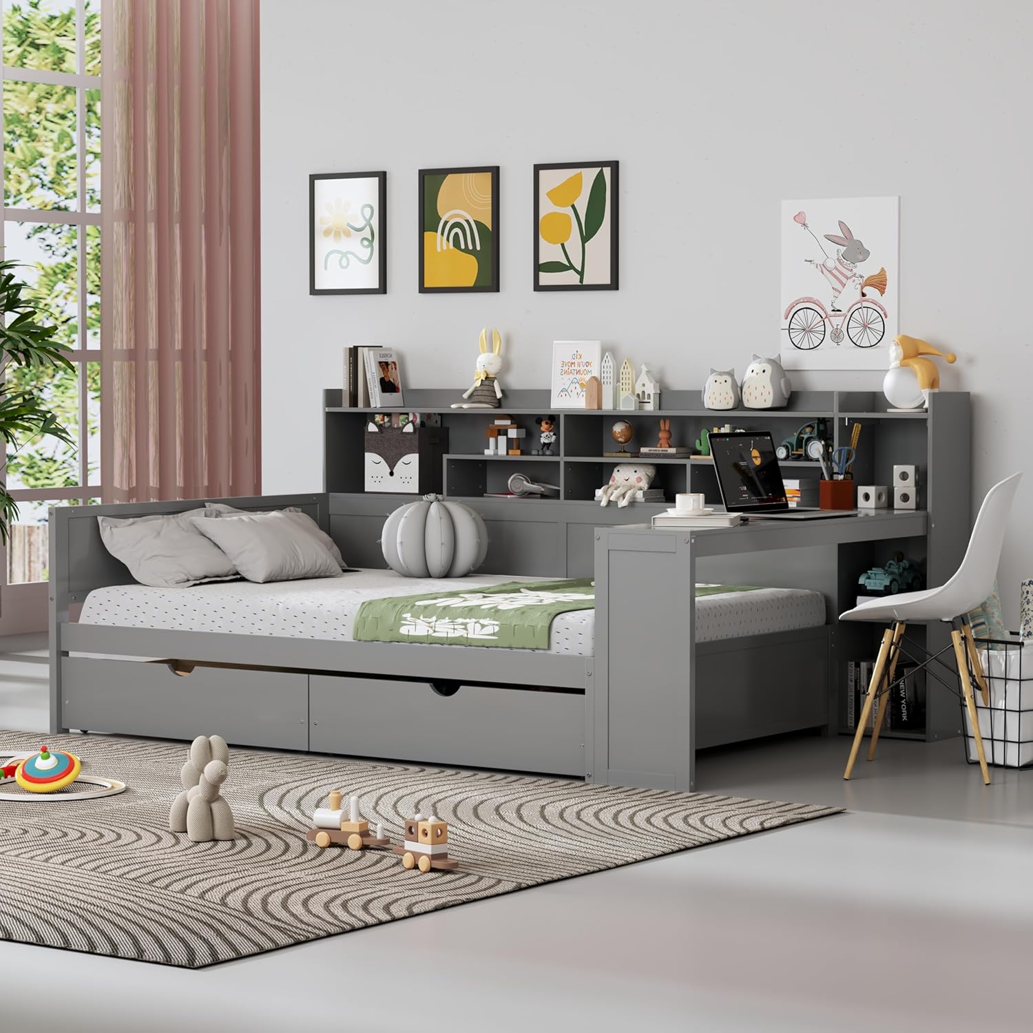 Mirightone Corner Full Bed Frame with Bookcase Storage and Desk, Wood Day Beds with 2 Drawers, Full Size Daybed with Storage for Living Room,Bedroom & Guest Room, Gray