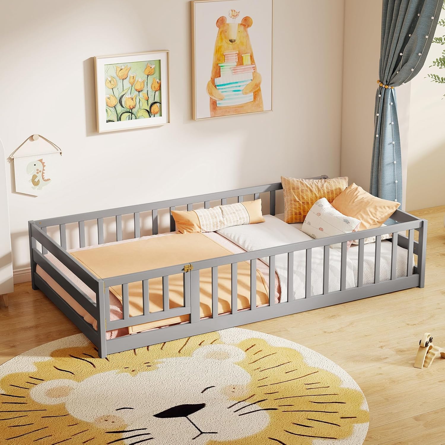 BECOMFORT Twin Floor Bed for Kids, Kids Twin Floor Bed Frame with Door, Latch & Safety Guardrails, Montessori Bed for Boys Girls