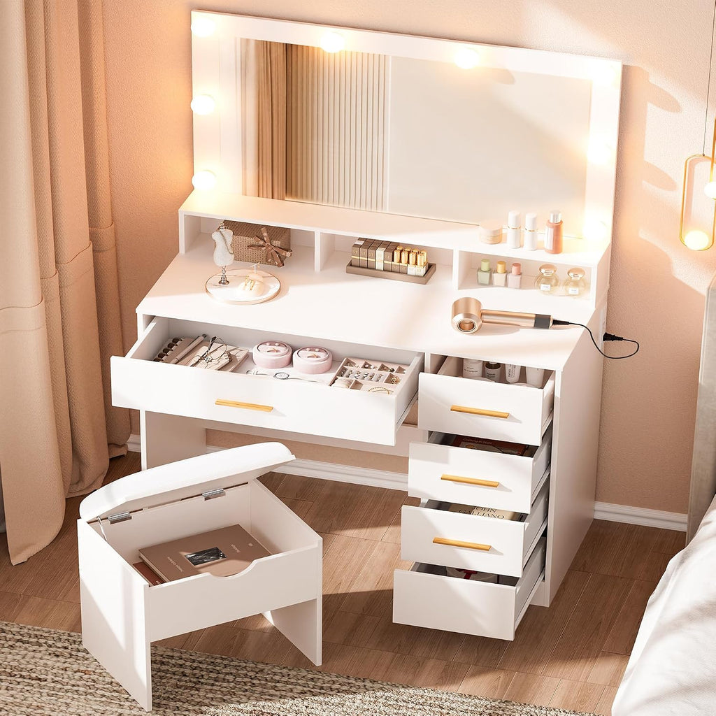 ERLEJIA Vanity Desk with Mirror and Lights, 35.43' Large Mirror Makeup Table with Stool, 5 Drawers Dressing Table for Girls and Ladies Bedroom, White and Gold
