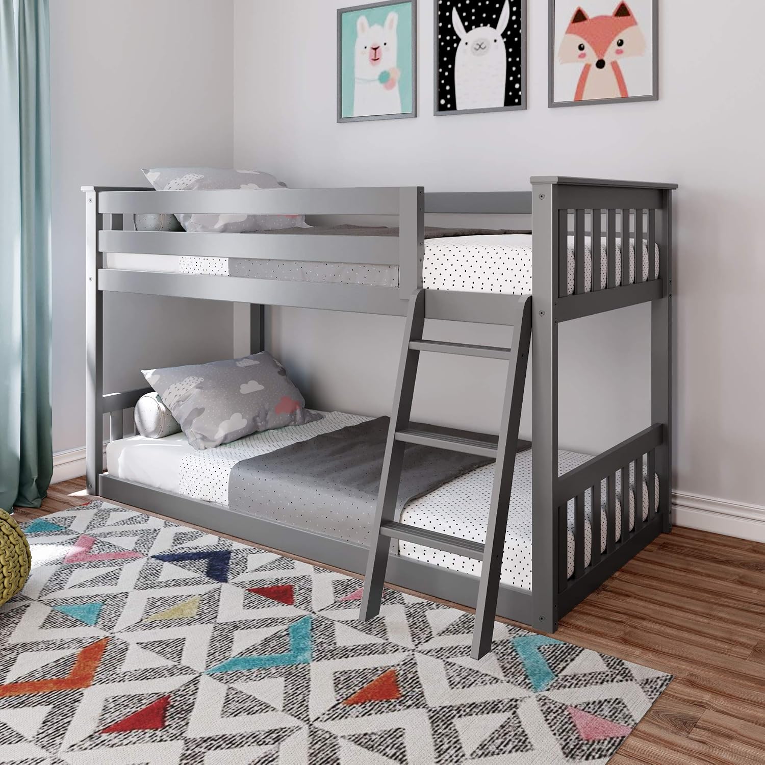 Max & Lily Twin Over Twin Low Bunk Bed with Ladder, Wooden Bunk beds with 14' Safety Guardrail for Kids,Toddlers, Boys, Girls, Teens, Bedroom Furniture, Grey
