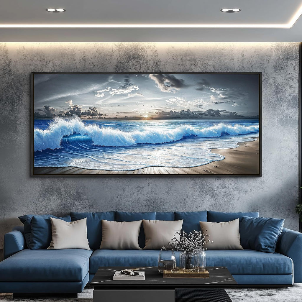 PHAOHUAXM Large Canvas Modern Black White Printed Artworks Wall Decor For Living Room Wall Art For Bedroom Office Dining room Blue Ocean Wave Painting Wall Pictures Home Decor 32'X72' Black Frame