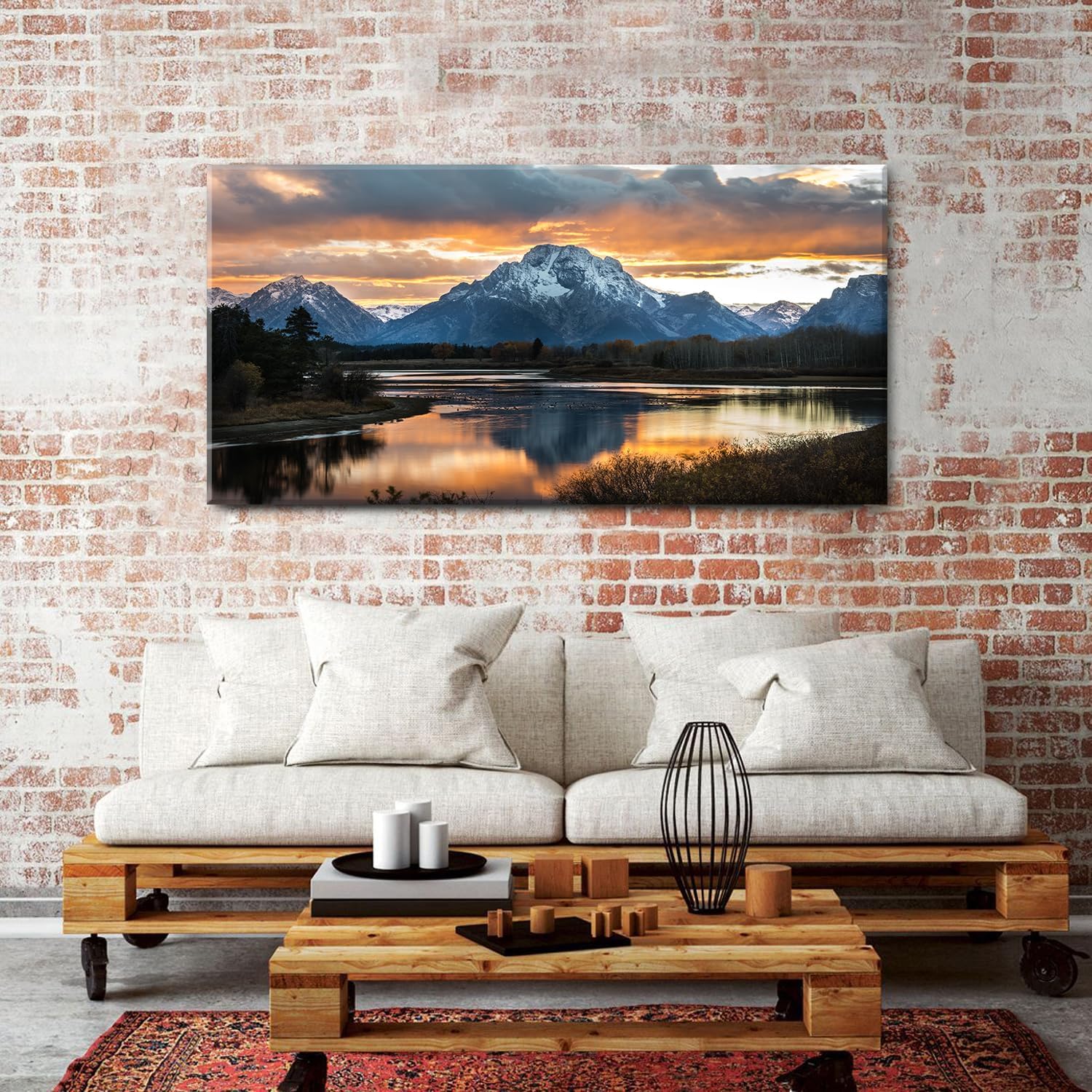 Large Mountain Wall Art for Living Room Sunset Nature National Park Posters Grand Teton Landscape Wall Decor Snake River Wyoming Scenery Canvas Prints Artwork for Bedroom Office Home Decoration 30x60'