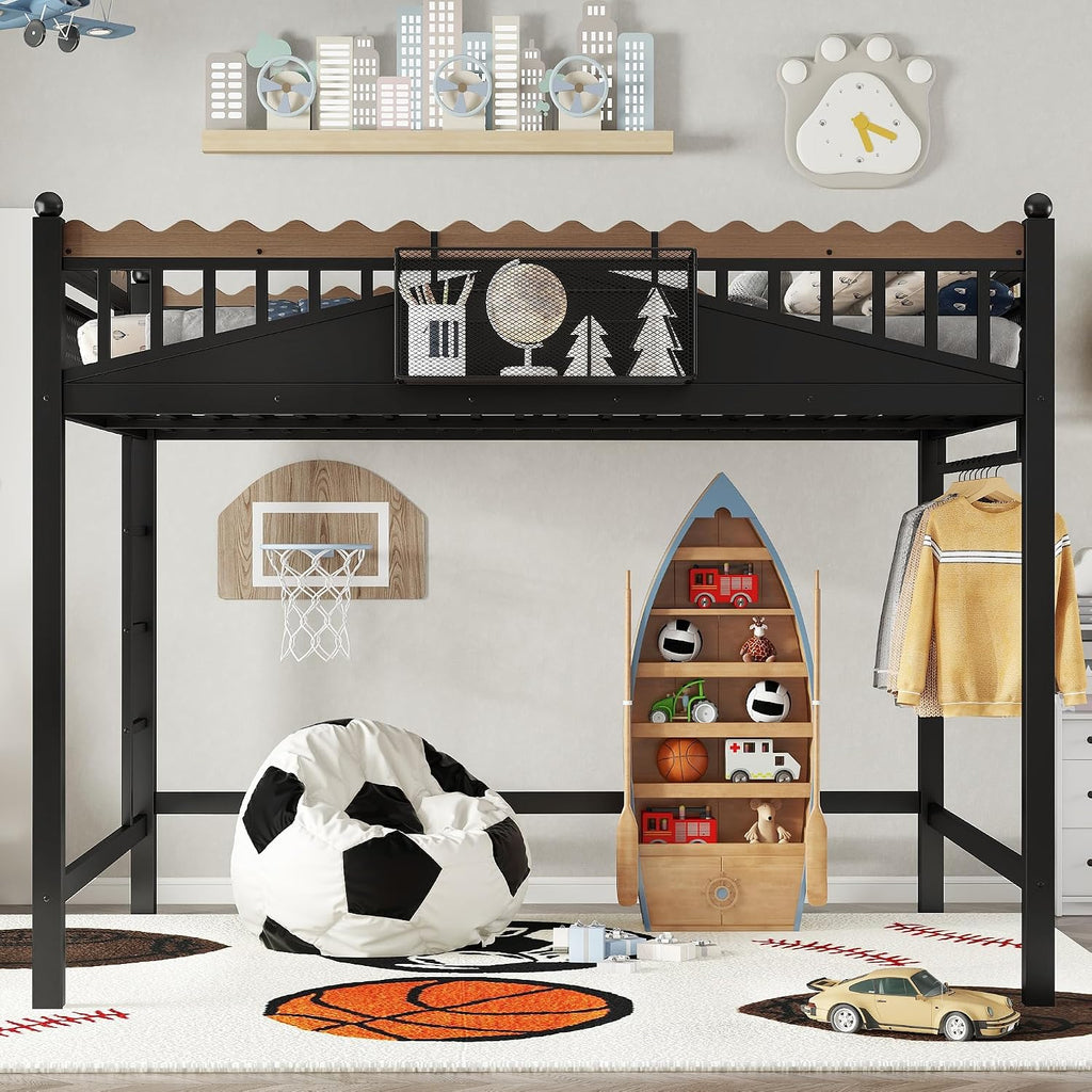 JIVOIT Metal Loft Bed with Built-in Storage Shelves and Bookshelf, Queen Size Metal Loft Bed with Safe Ladder & Guardrail, Space-Saving Loft Bed, No Box Spring Needed and Chic Design