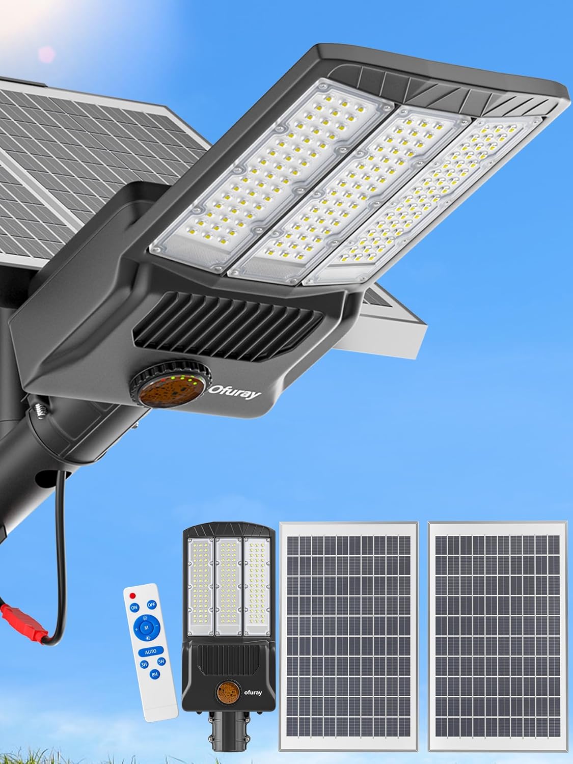 Ofuray Of-9800W Solar Street Lights Outdoor, 750000Lm Solar Parking Lot Lights Commercial Dusk to Dawn, 6500k IP67 Big Power with Remote Control for Street,Court,Yard