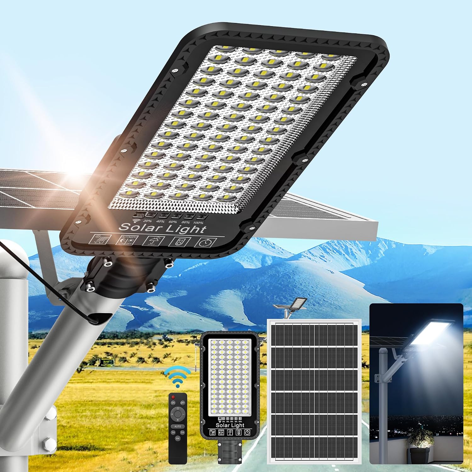 WYWNA 12000W Solar Street Lights Outdoor - 6500K Solar Parking Lot Lights Dusk to Dawn, Heavy Duty Split Type Solar Lights Outdoor Waterproof with Remote Control, for Yard, Driveway