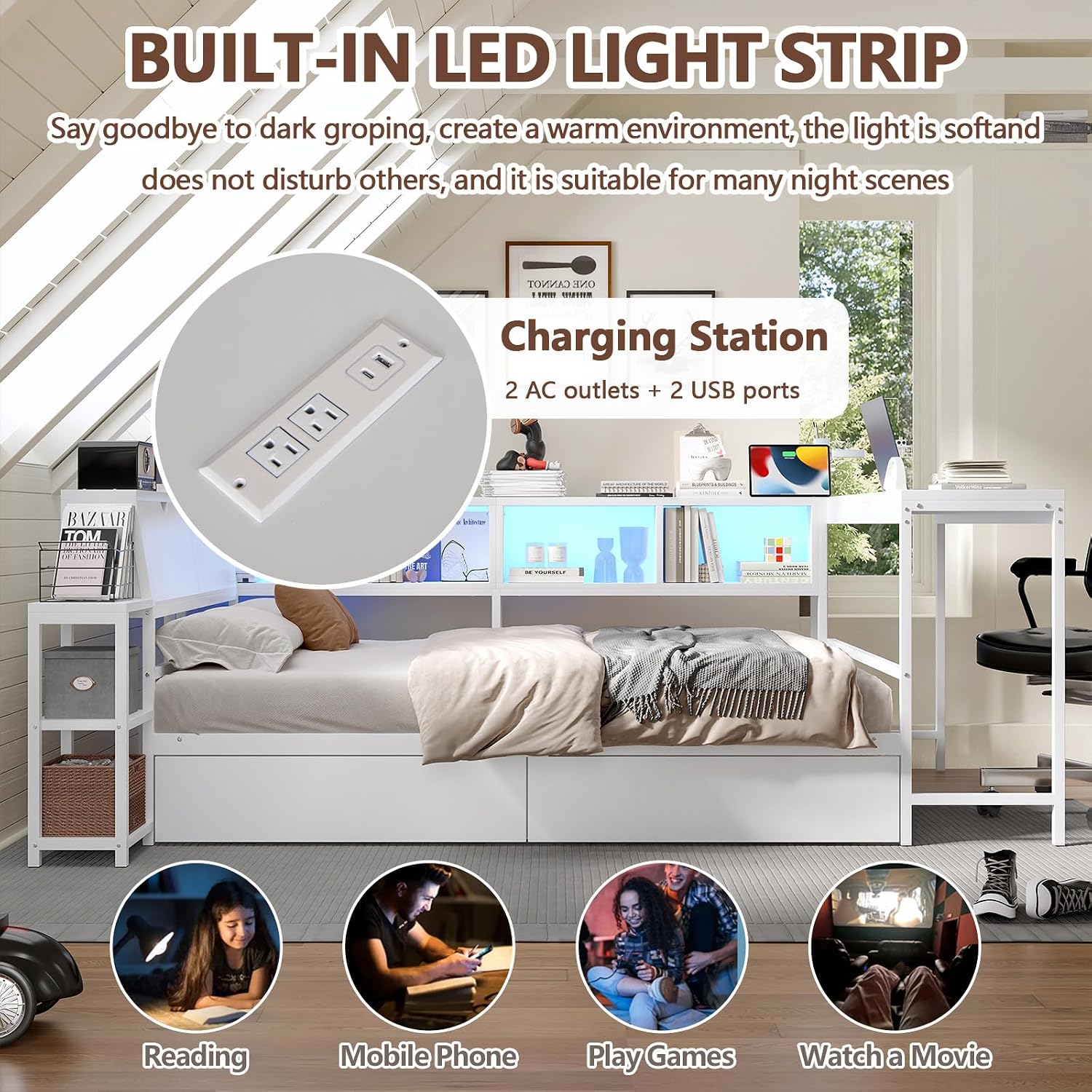 Full Corner Bed Frame with Storage Drawers, Modern Metal Day Bed Frame & L Shaped Bedframe with Led Lights/Charging Station/Bookcase/Desk (White, Queen)