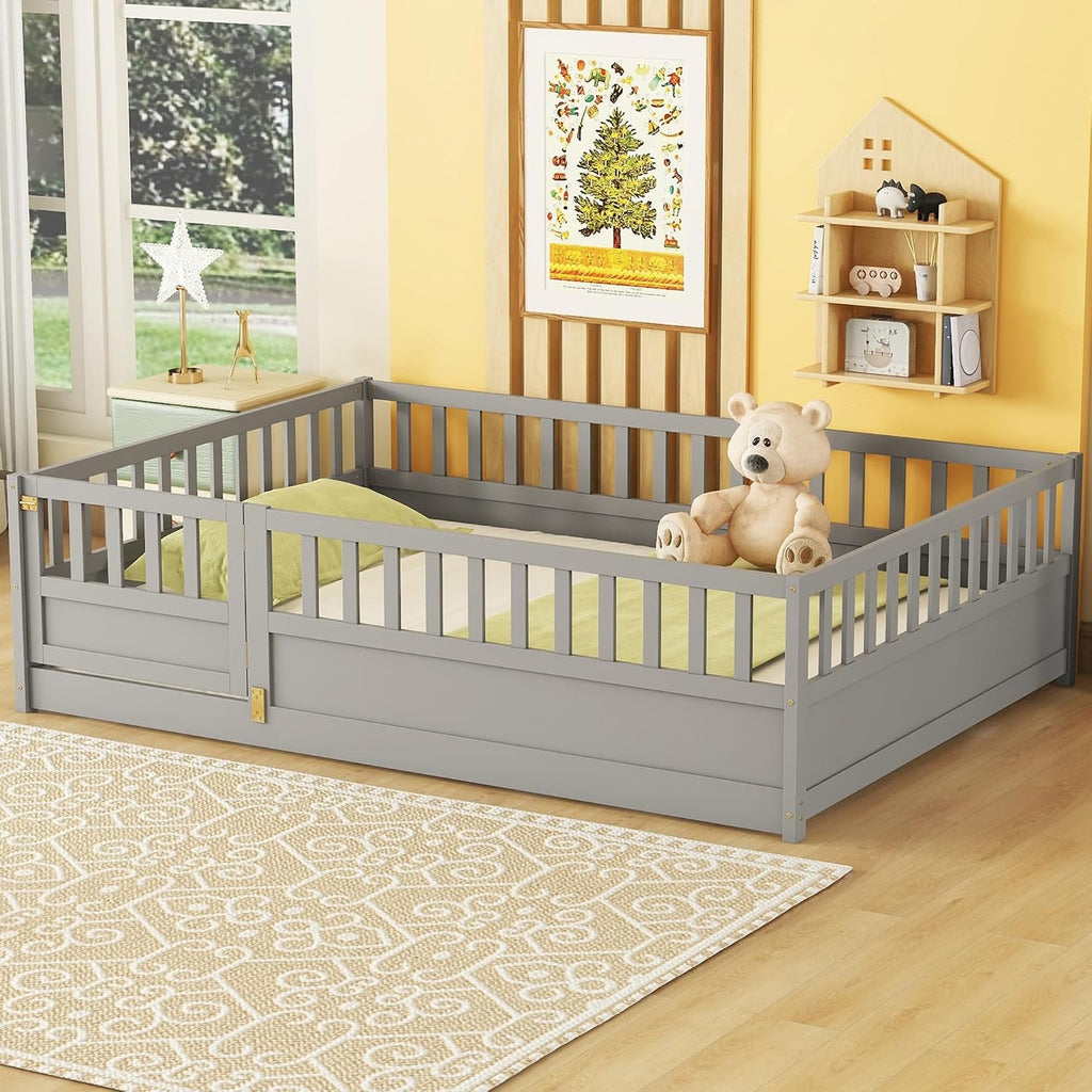 Bellemave Full Size Floor Bed with Slats and Door, Full Size Montessori Floor Bed with Rails, Easy Assemble Montessori Beds Frame for Bedroom, Gray