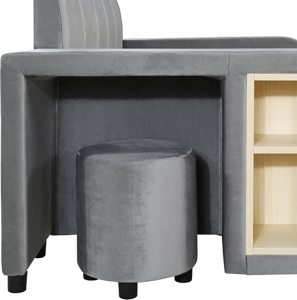 Queen Size Upholstered Bed Frame with Bedside Desk and Little Round Stool, Modern Comfortable Soft Bed with Sturdy Slats Support, Mother & Child Bed for Kids Adults (Gray, Queen)