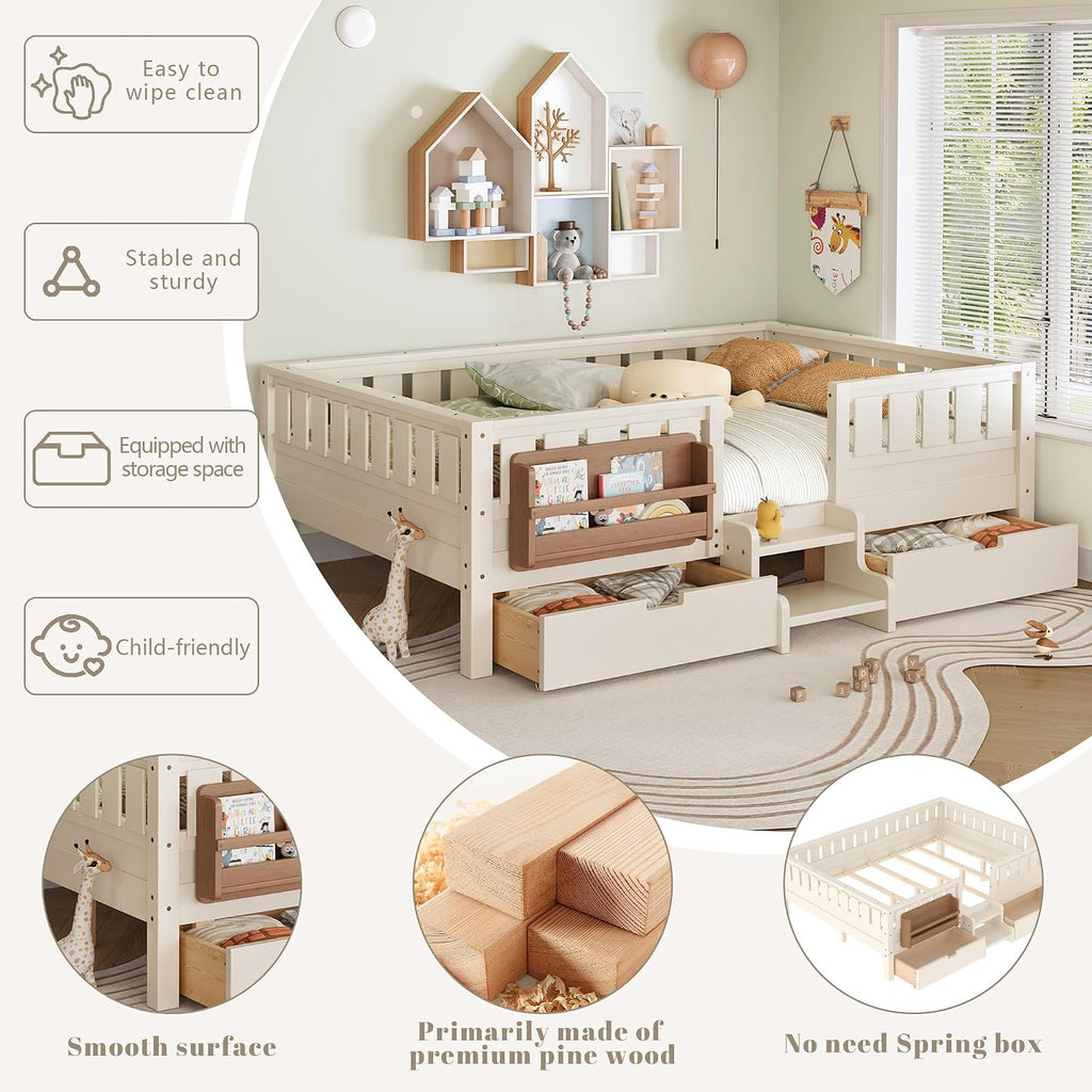 Bellemave Queen Size Kids Montessori Bed with Stairs and Bookshelf,Solid Wood Queen Size Kids Bed Frame with Drawers and Storage for Girls Boys,Low-Profile,Beige