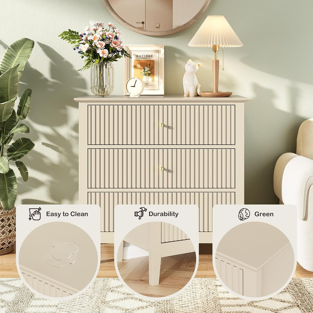 Fluted 3 Drawer Dresser Set of 2, Small Dresser Nightstand for Bedroom, Modern Wood Chest of Drawers, Wooden Dresser Nightstand with Paint Design for Closet, Hallway, Entryway, Beige
