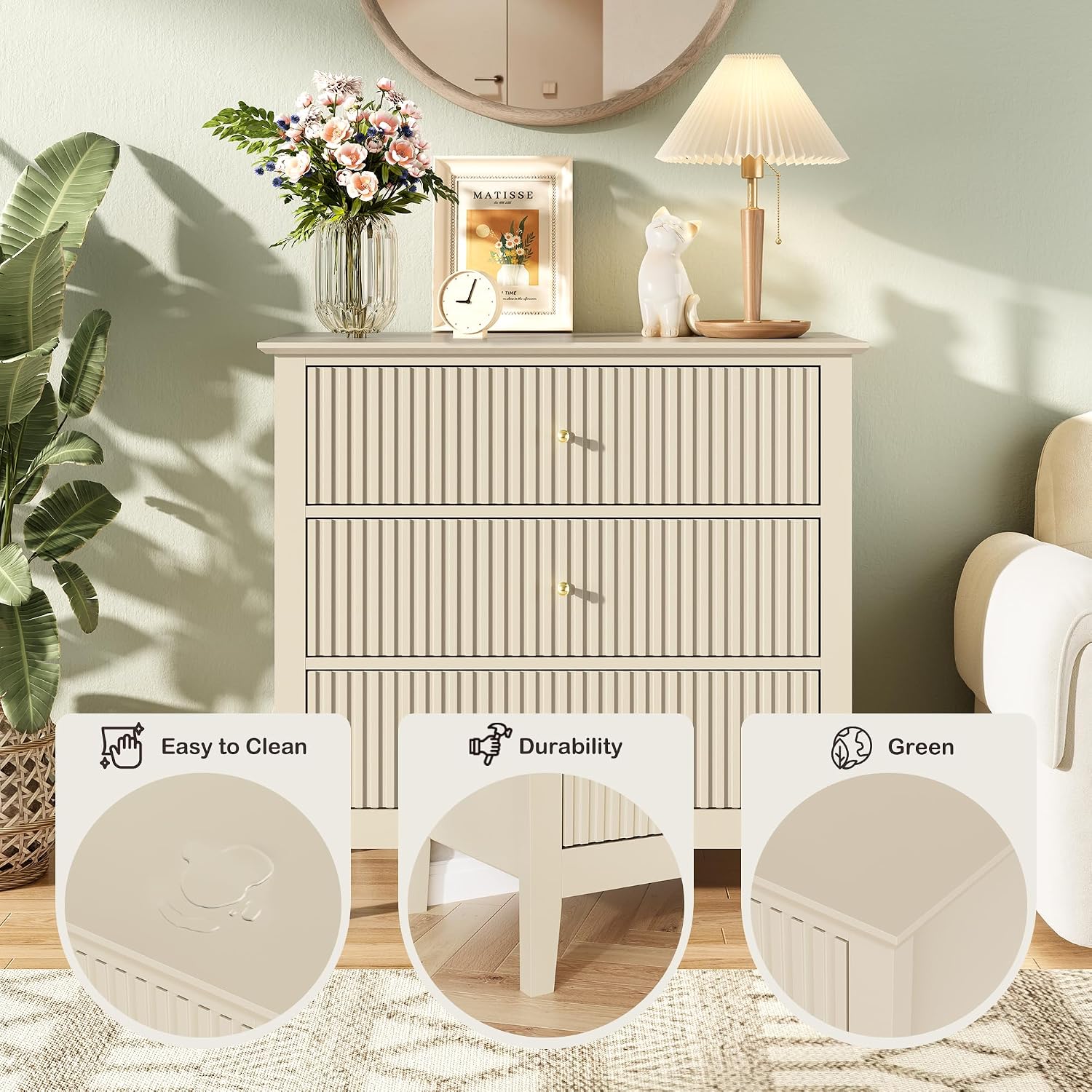 Fluted 3 Drawer Dresser Set of 2, Small Dresser Nightstand for Bedroom, Modern Wood Chest of Drawers, Wooden Dresser Nightstand with Paint Design for Closet, Hallway, Entryway, Beige