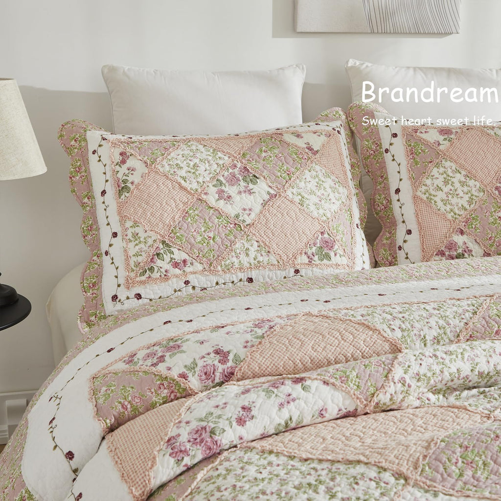 Brandream Queen Size Quilt Set Cotton Patchwork Quilts Blush Pink Cottage Floral Quilted Comforter Set 3-Piece