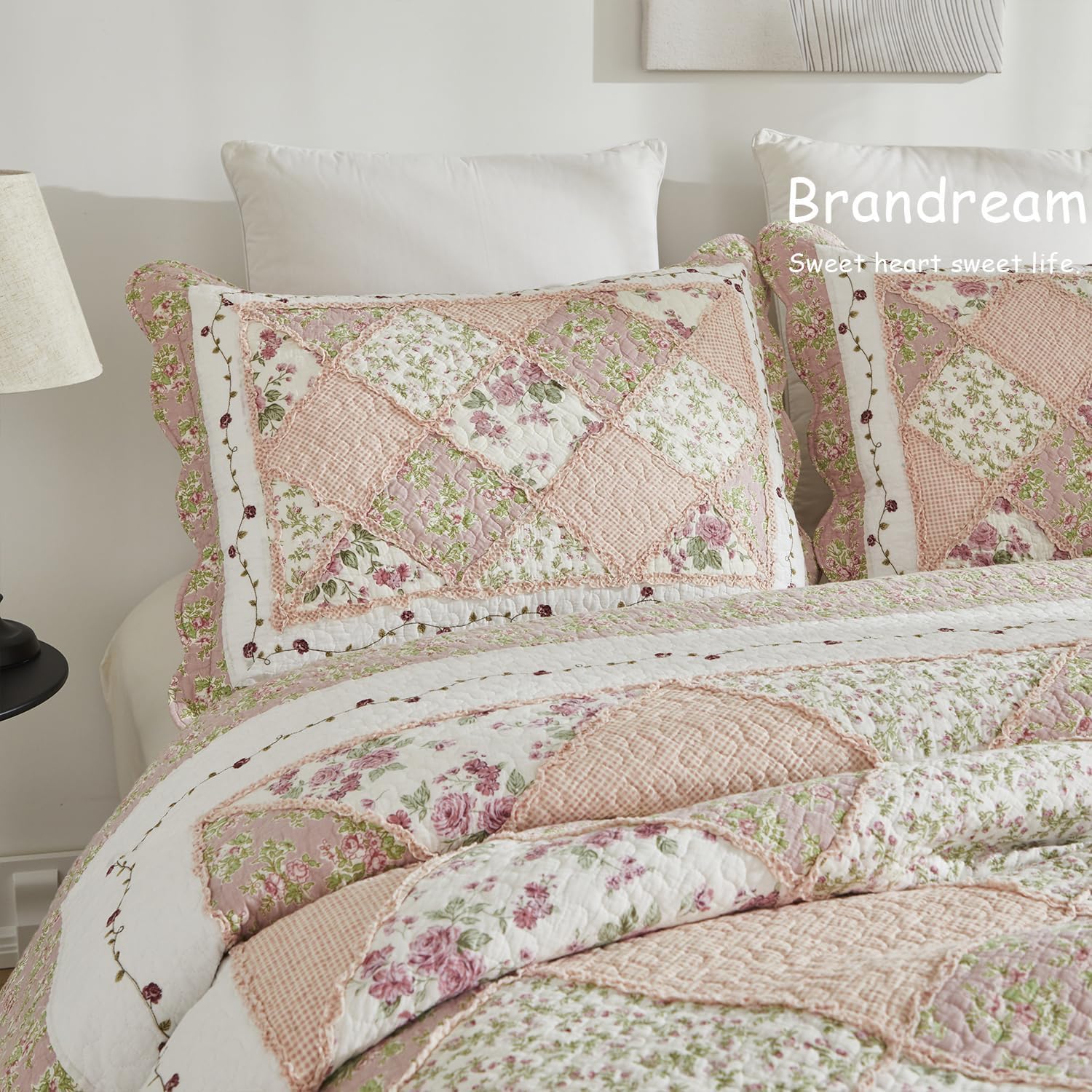 Brandream Queen Size Quilt Set Cotton Patchwork Quilts Blush Pink Cottage Floral Quilted Comforter Set 3-Piece