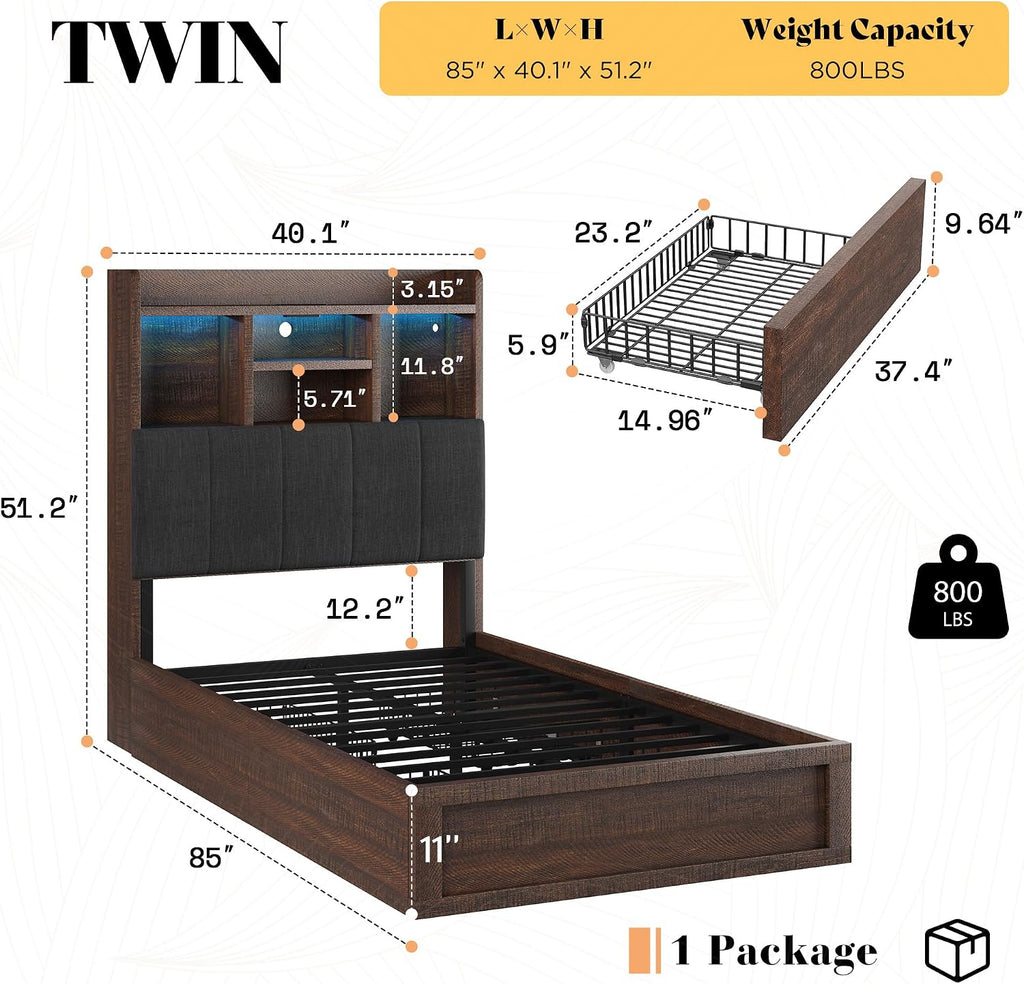 LUXOAK Twin Farmhouse Bed Frame with Bookcase Headboard and 4 Drawers, LED Storage Bed with Charging Station & Linen Upholstered, No Box Spring Needed, Reclaimed Barnwood