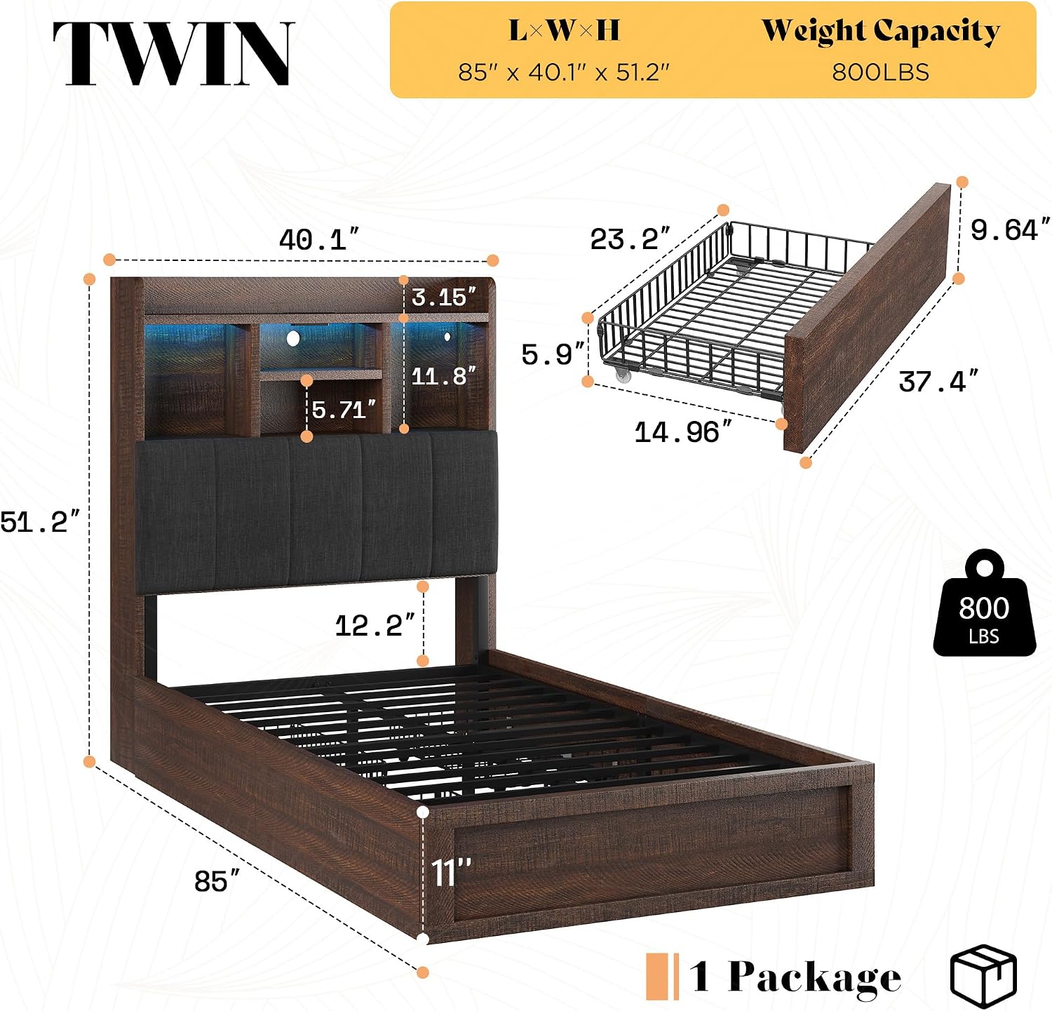 LUXOAK Twin Farmhouse Bed Frame with Bookcase Headboard and 4 Drawers, LED Storage Bed with Charging Station & Linen Upholstered, No Box Spring Needed, Reclaimed Barnwood