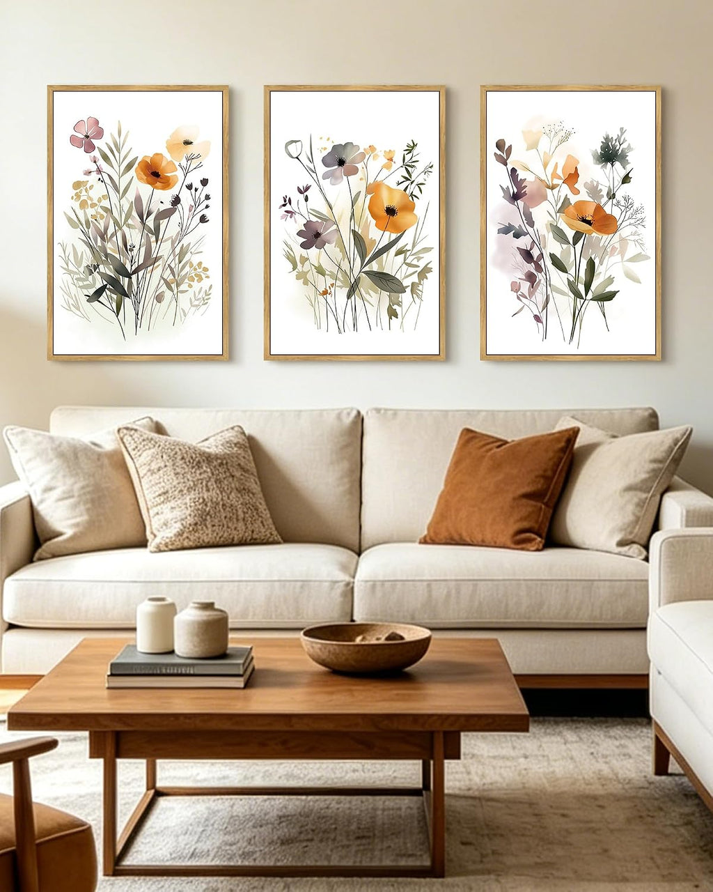 KUVIOKE Wildflower Bouquet Framed Wall Art Modern Flower Botanical Pictures Illustrations Colorful Floral Hanging Bedroom Dining Living Room Decor 24x36in (Natural Framed)