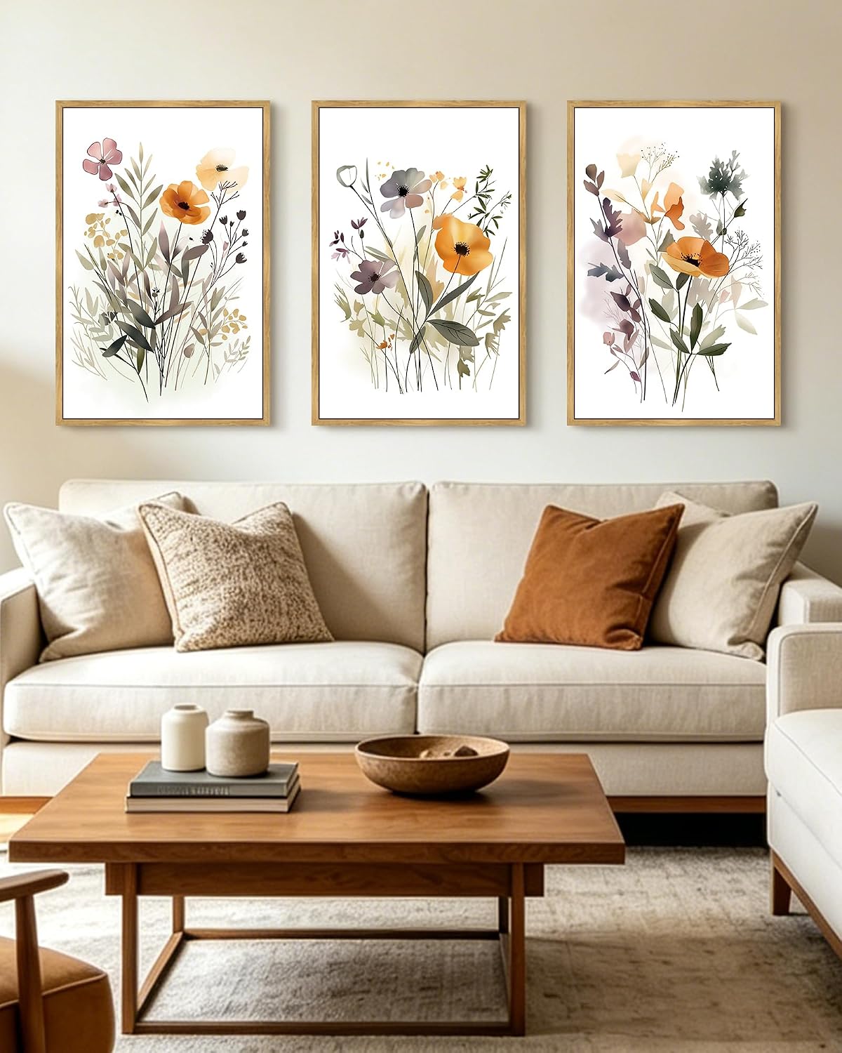 KUVIOKE Wildflower Bouquet Framed Wall Art Modern Flower Botanical Pictures Illustrations Colorful Floral Hanging Bedroom Dining Living Room Decor 24x36in (Natural Framed)
