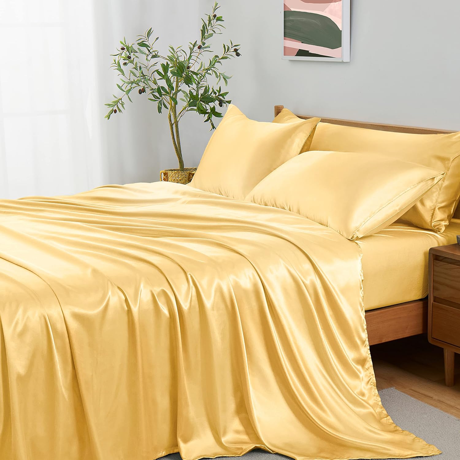 Twin XL Size 4-Piece Sheet Set Premium Mulberry Silk Bed Sheets Set Fits 14-16' Deep Pocket - Luxurious Soft Silk (Solid, Gold)