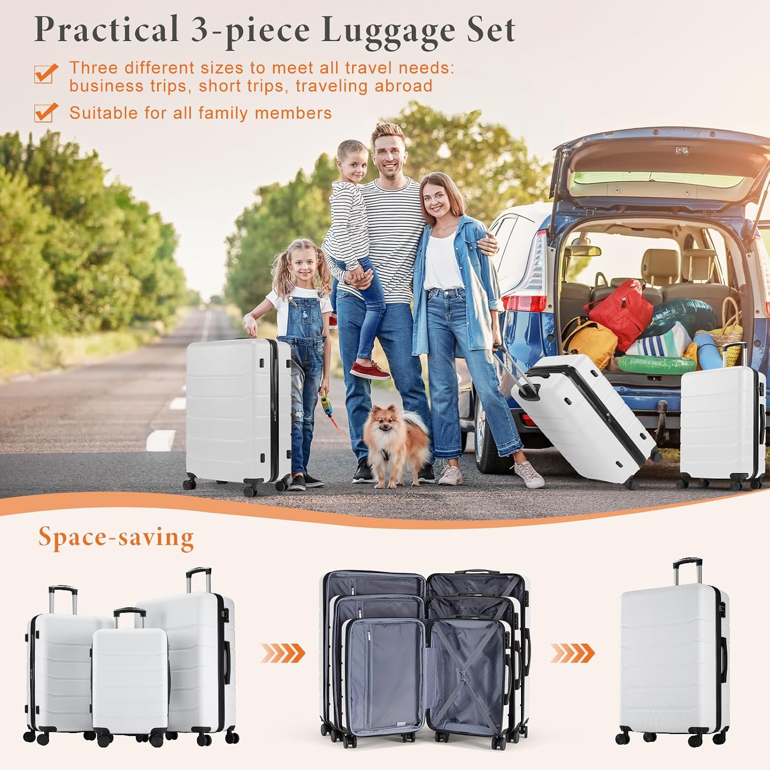 Sweetcrispy 3 Piece Expandable Luggage Set, ABS Hard Shell Rolling Suitcases with Smooth Spinner Wheels and TSA Lock, Lightweight Travel Luggage for Trip, 20/24/28 Inch, Cream White