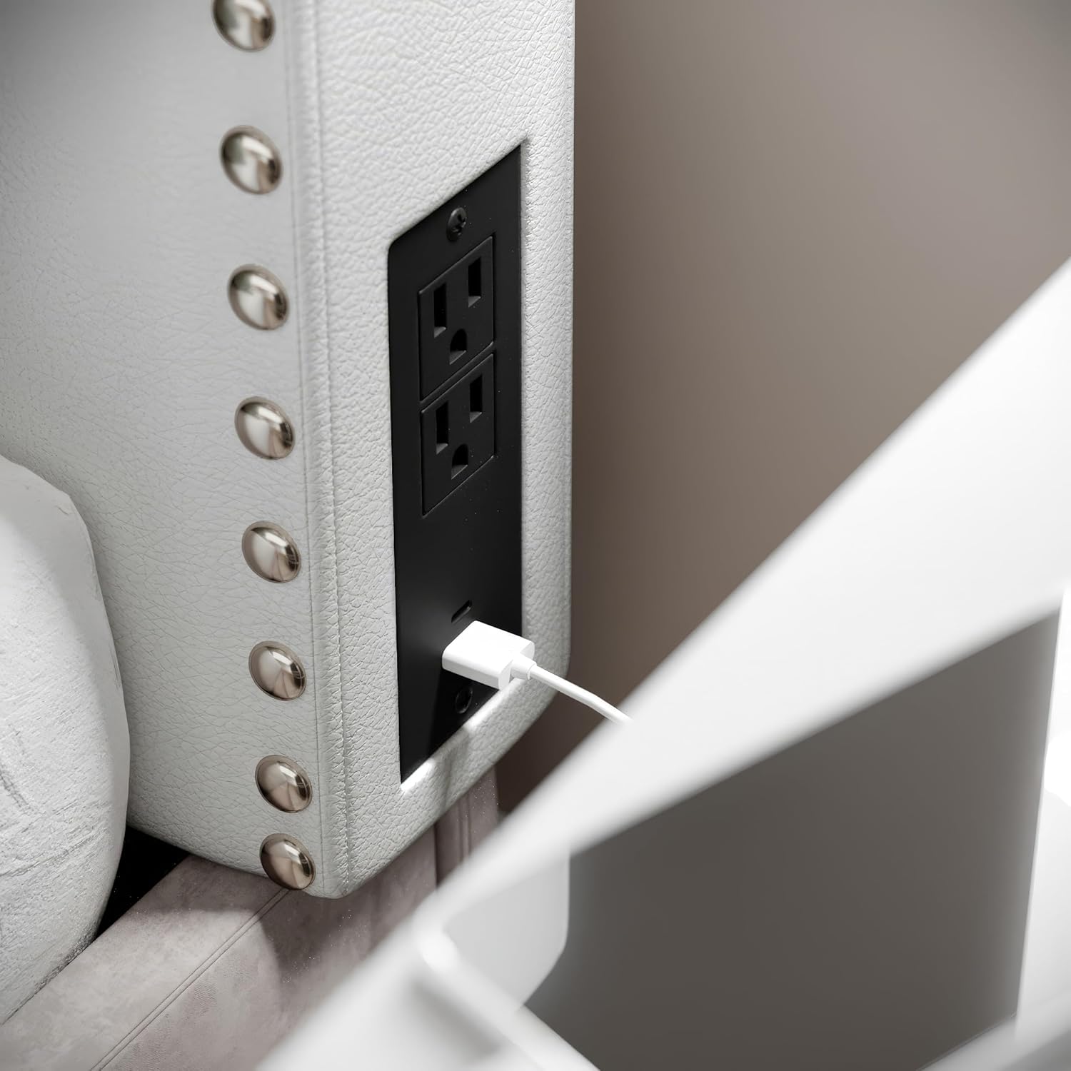 Flash Furniture Adeline Twin Headboard with 2 Outlets, USB Port, USB Type-C Port, Contoured Headboard, Studded LeatherSoft Upholstery, Dual Hanging Options, White