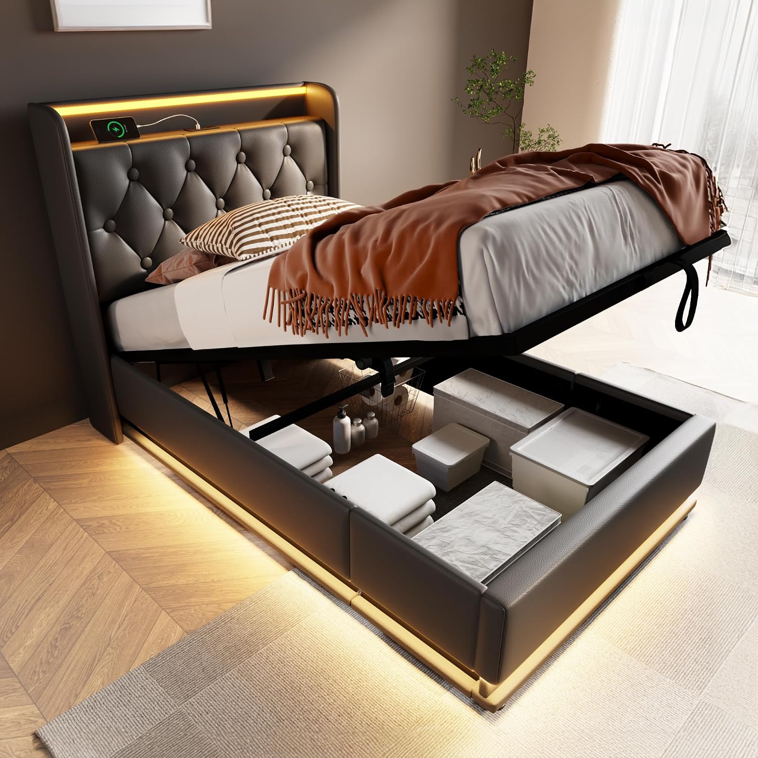 Twin Size Upholstered Bed Frame with 360° LED Lights, Hydraulic Storage, USB Charging, Modern Platform Bed with Headboard, Remote App Control for Teen, Guest Room, Small Space (Black + Twin)
